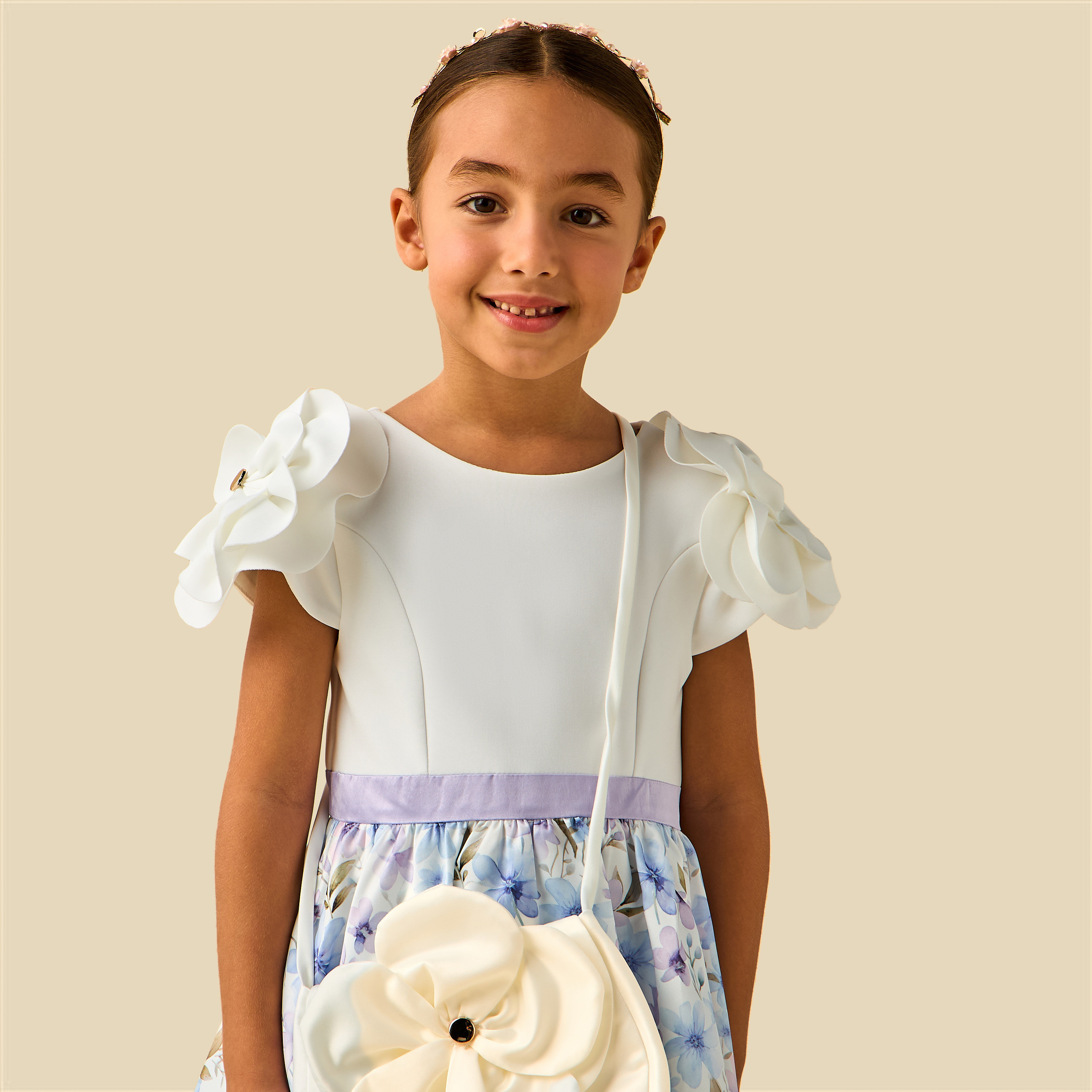 Juniors Round Neck Short Sleeves Balloon Dress and Crossbody Bag with Floral Print-girls-clothing-dressesandjumpsuits-image-5