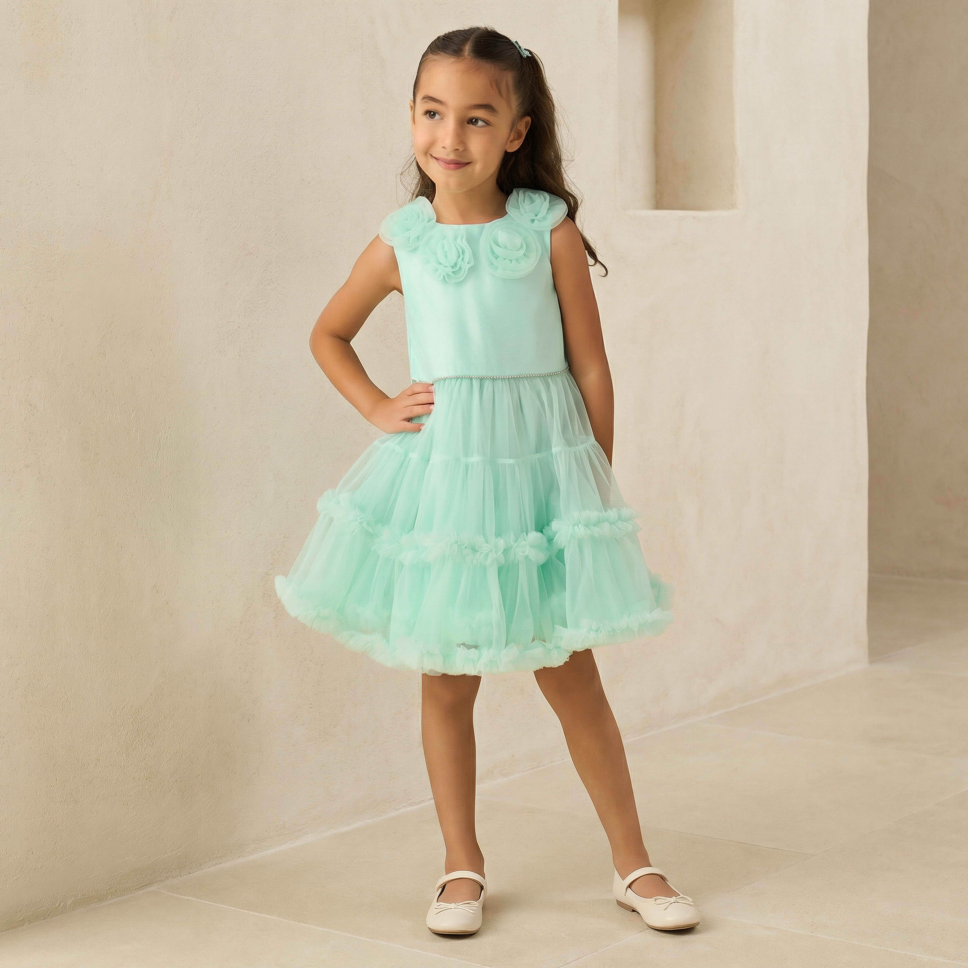 Juniors Round Neck Sleeveless Tiered Prom Dress with Floral Applique-girls-clothing-dressesandjumpsuits-image-1