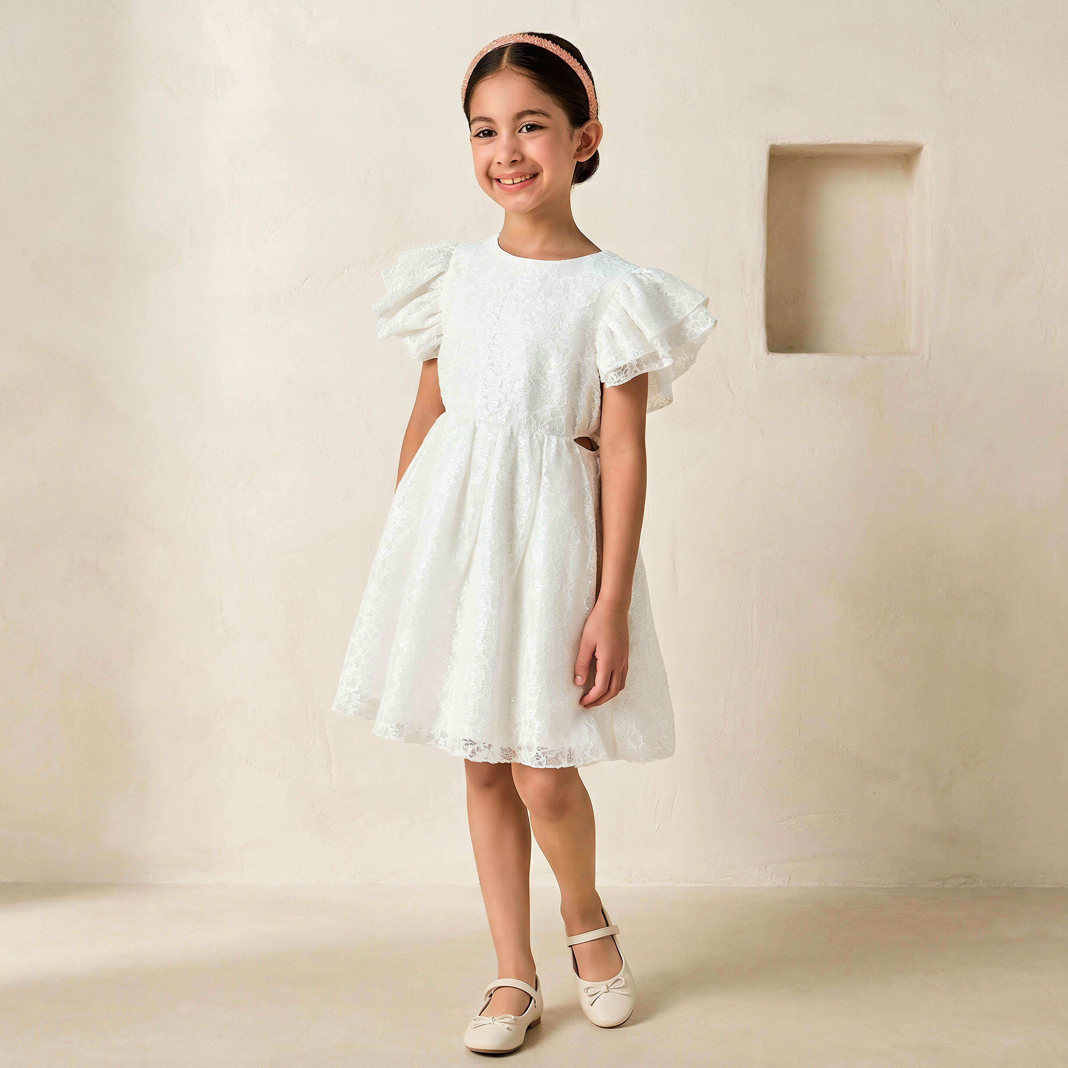 Juniors Round Neck Short Sleeves A-line Dress with Sequin Embellishments-girls-clothing-dressesandjumpsuits-image-1