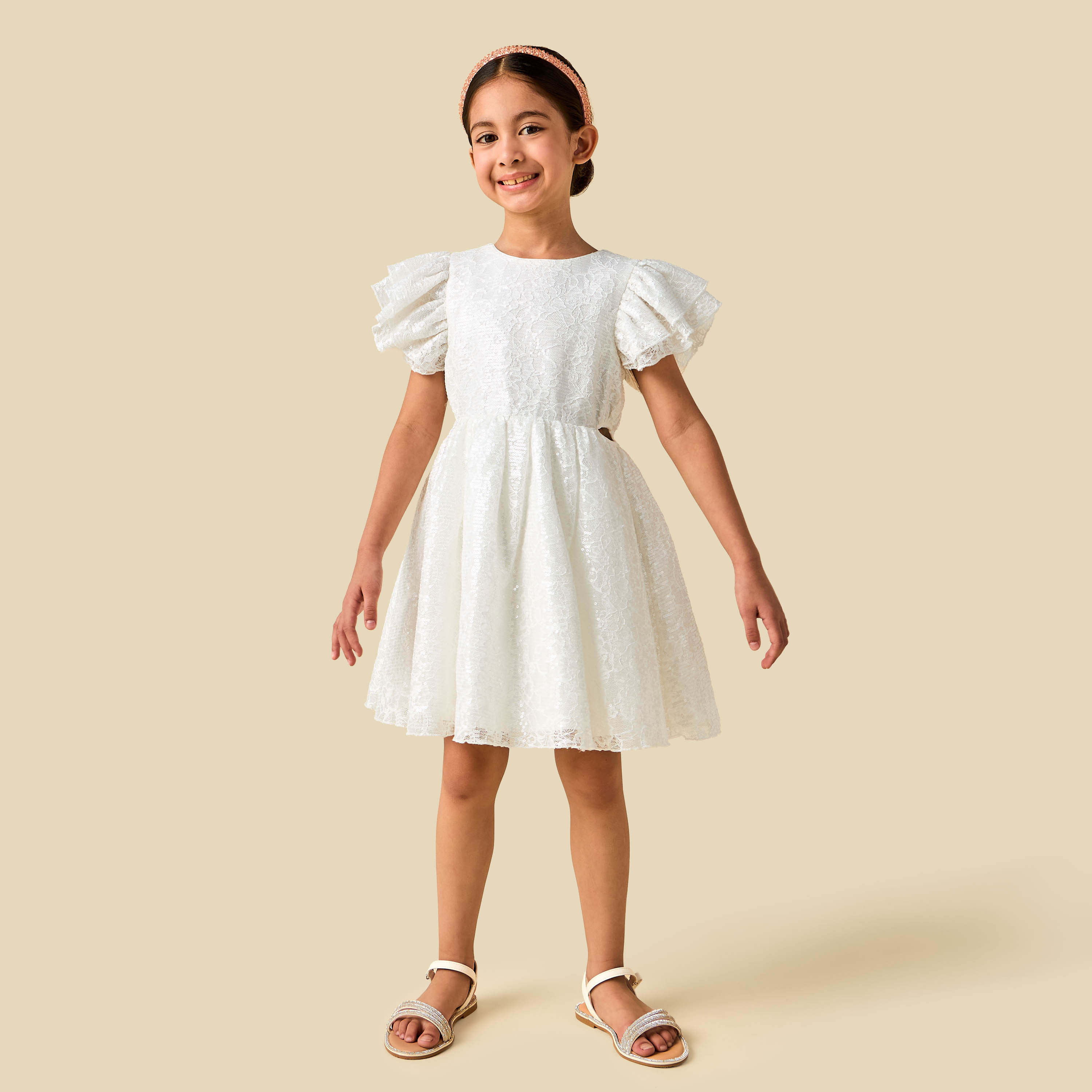 Juniors Round Neck Short Sleeves A-line Dress with Sequin Embellishments-girls-clothing-dressesandjumpsuits-image-2