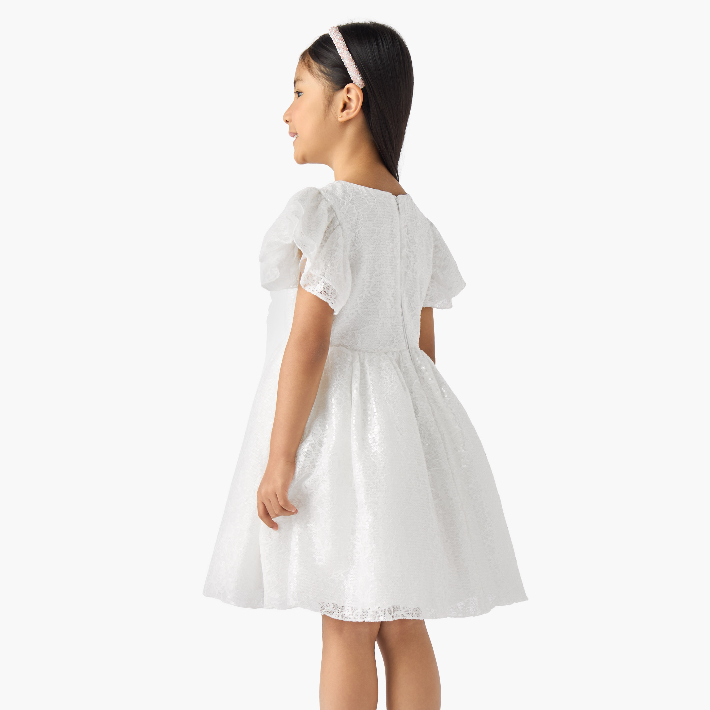 Juniors Round Neck Short Sleeves A-line Dress with Sequin Embellishments-girls-clothing-dressesandjumpsuits-image-3