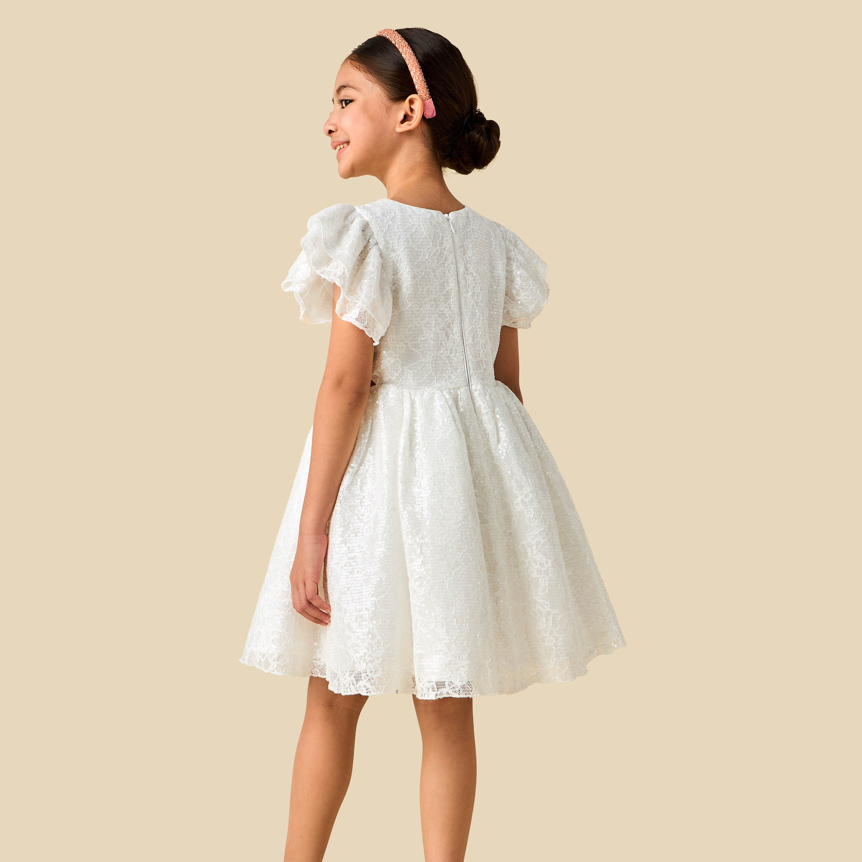 Juniors Round Neck Short Sleeves A-line Dress with Sequin Embellishments-girls-clothing-dressesandjumpsuits-image-4