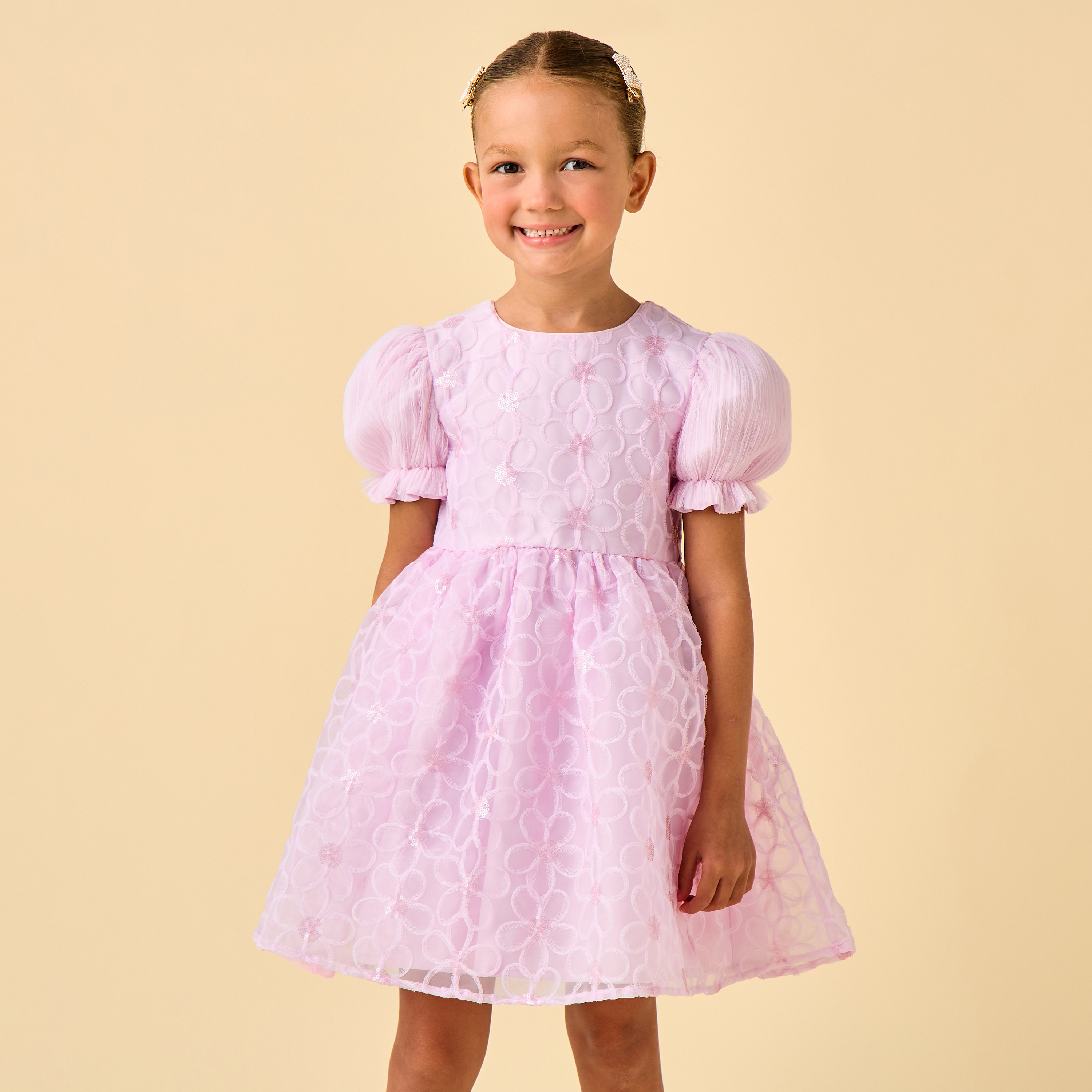 Juniors Round Neck Puff Sleeves Knee Length A-line Prom Dress with Floral Embroidery-girls-clothing-dressesandjumpsuits-image-2