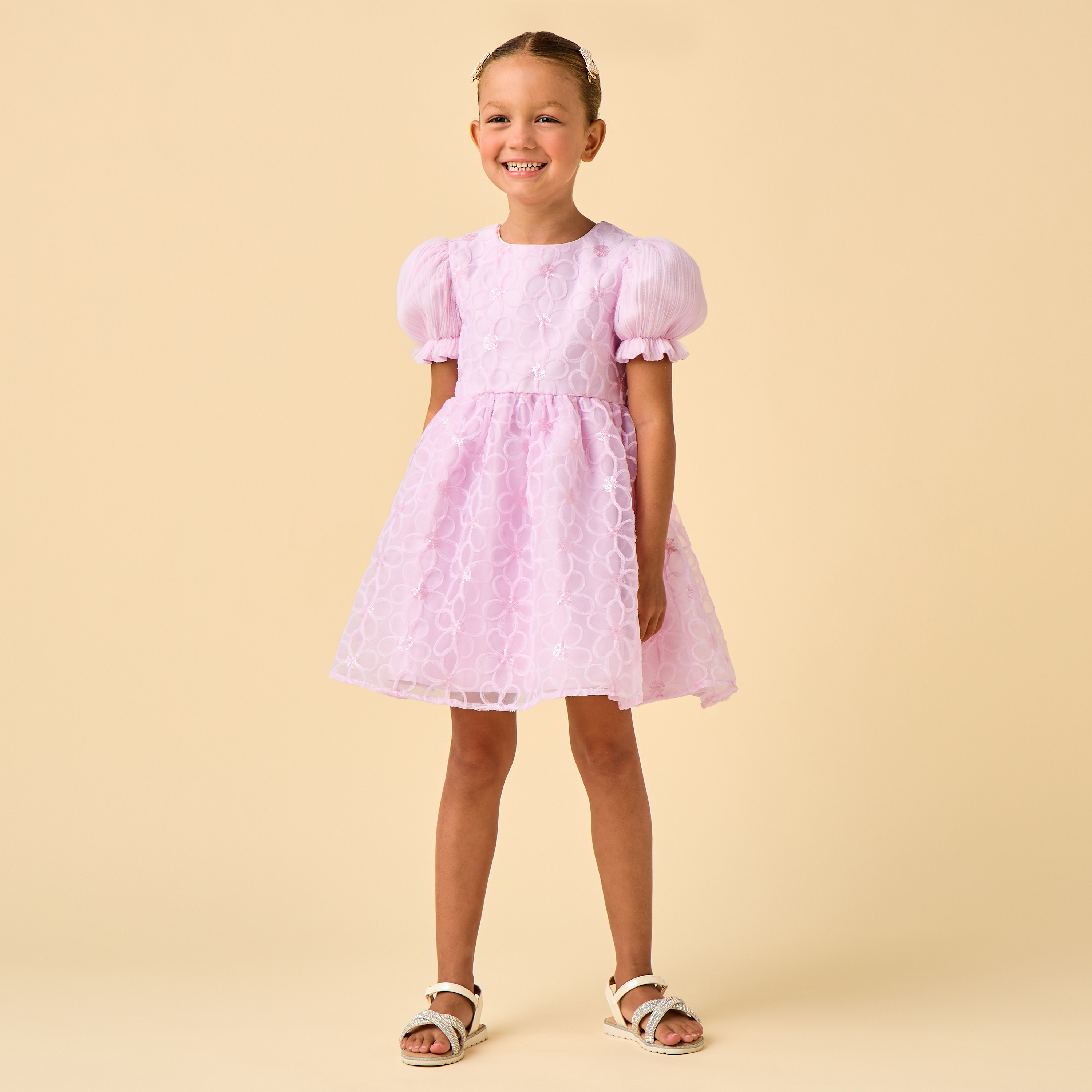 Juniors Round Neck Puff Sleeves Knee Length A-line Prom Dress with Floral Embroidery-girls-clothing-dressesandjumpsuits-image-3