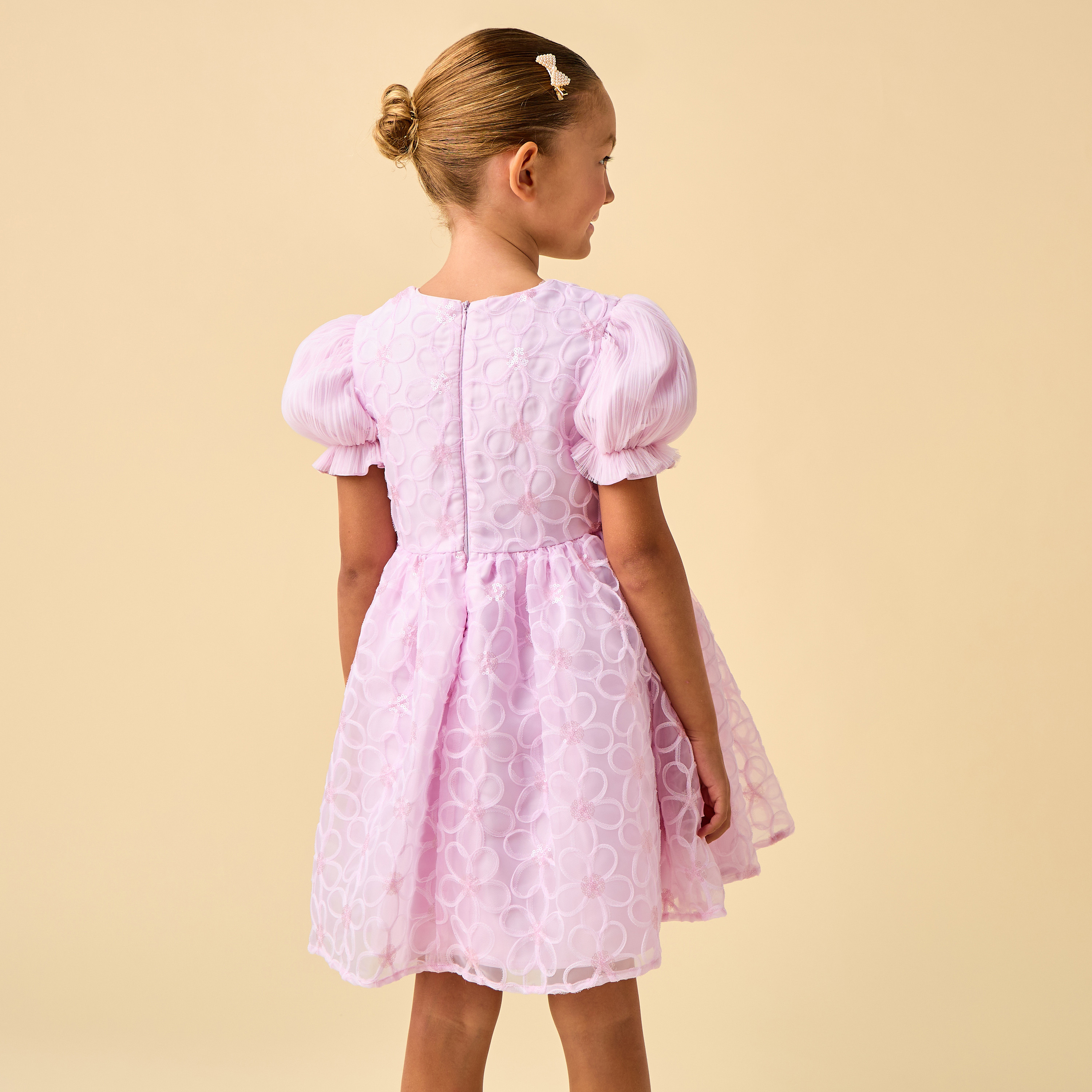 Juniors Round Neck Puff Sleeves Knee Length A-line Prom Dress with Floral Embroidery-girls-clothing-dressesandjumpsuits-image-4