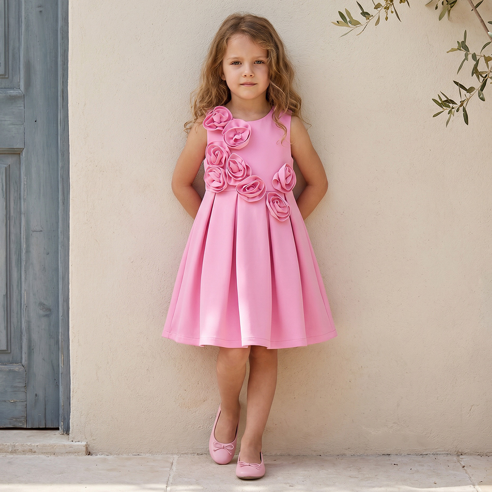 Juniors Round Neck Sleeveless Knee Length Prom Dress with Floral Applique-girls-clothing-dressesandjumpsuits-image-1