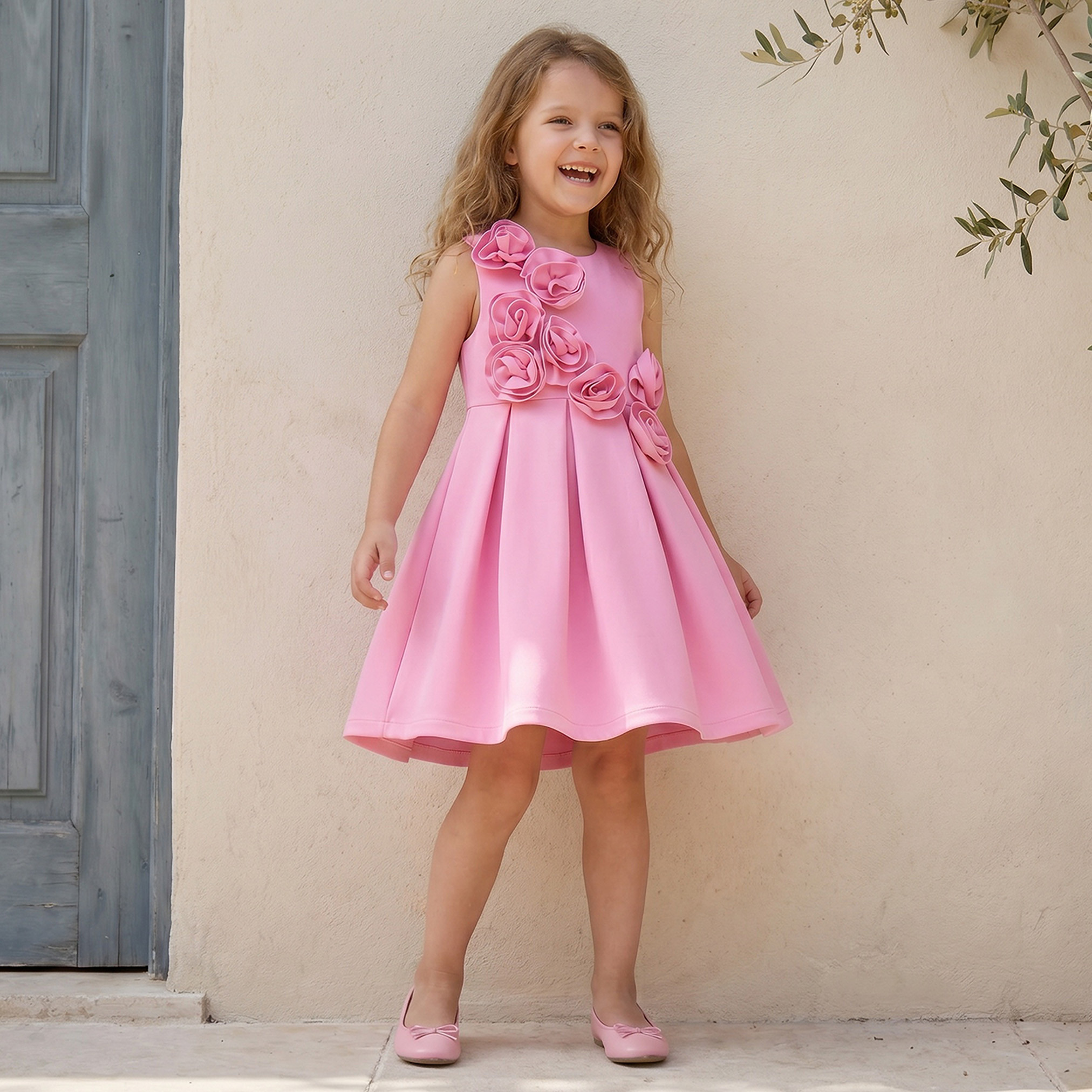 Juniors Round Neck Sleeveless Knee Length Prom Dress with Floral Applique-girls-clothing-dressesandjumpsuits-image-4