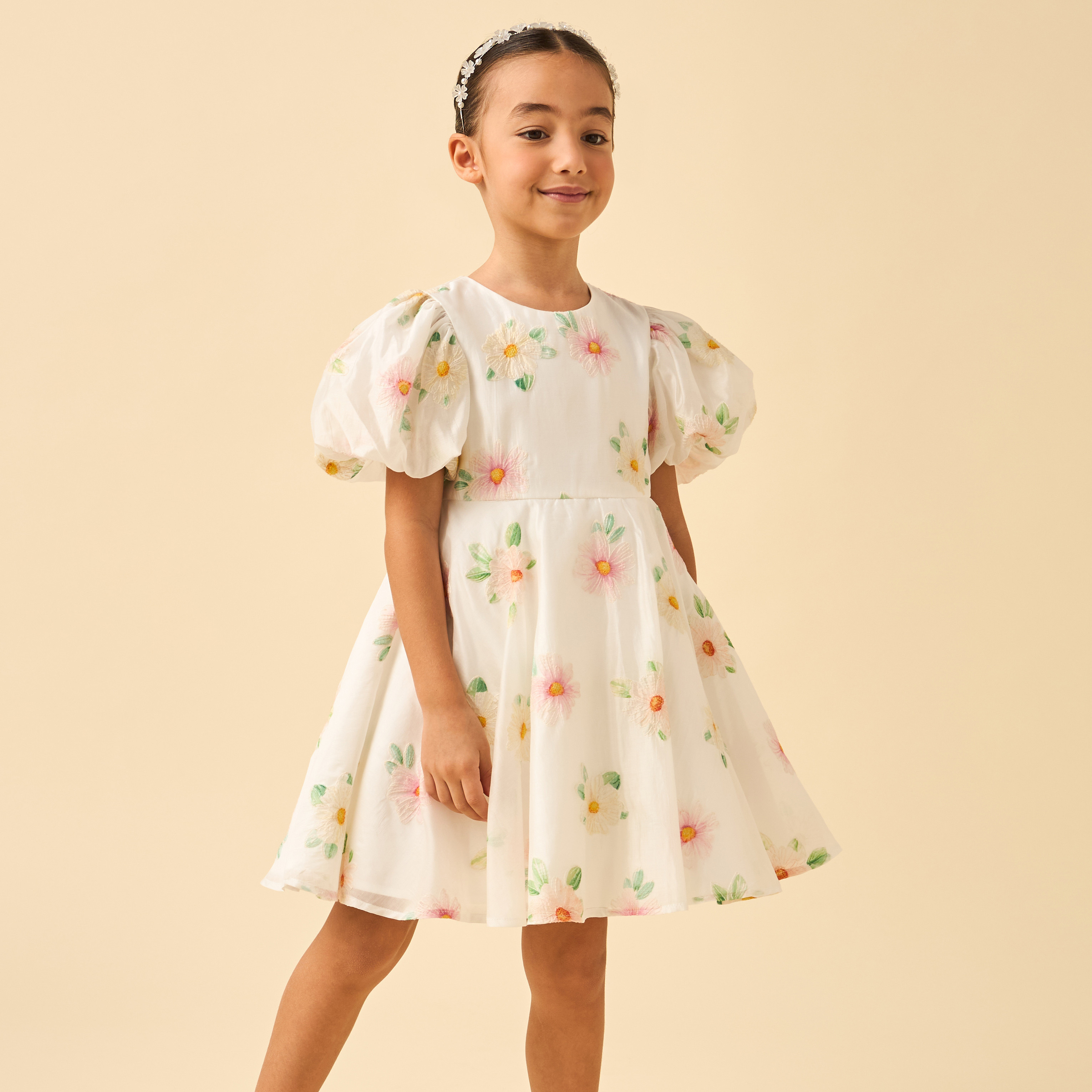 Juniors Round Neck Short Sleeves Knee Length A-line Dress with Floral Embroidery-girls-clothing-dressesandjumpsuits-image-2