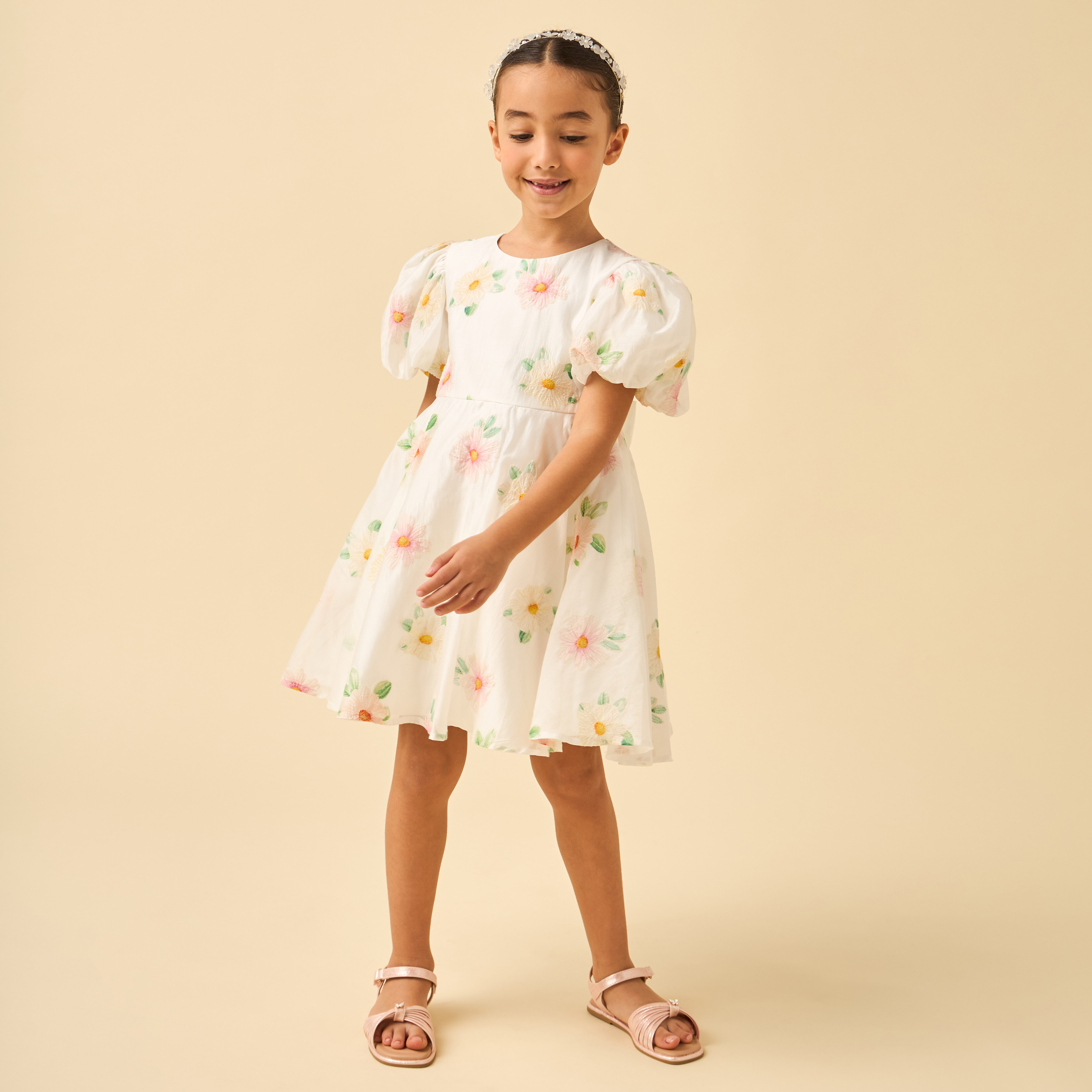 Juniors Round Neck Short Sleeves Knee Length A-line Dress with Floral Embroidery-girls-clothing-dressesandjumpsuits-image-3