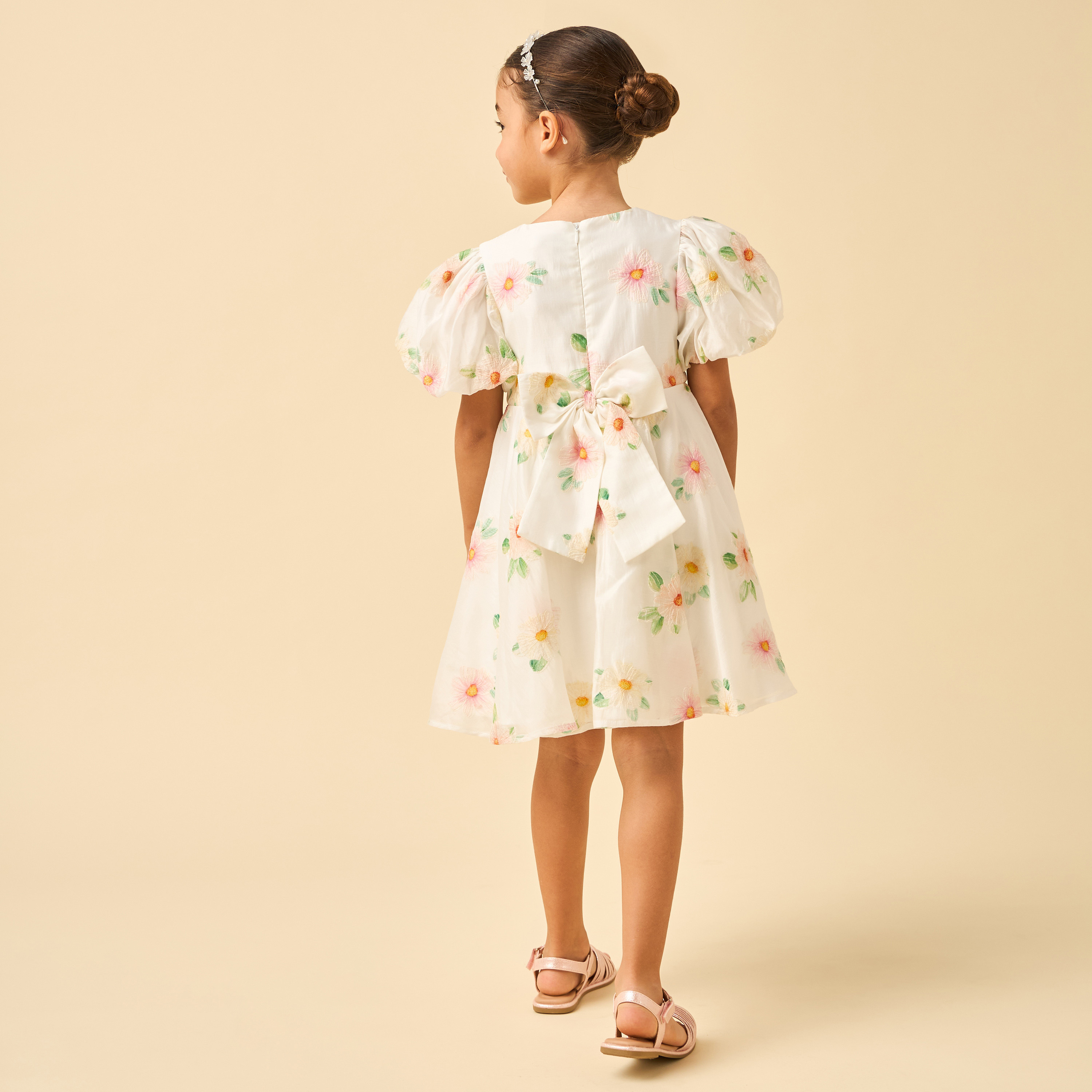 Juniors Round Neck Short Sleeves Knee Length A-line Dress with Floral Embroidery-girls-clothing-dressesandjumpsuits-image-4