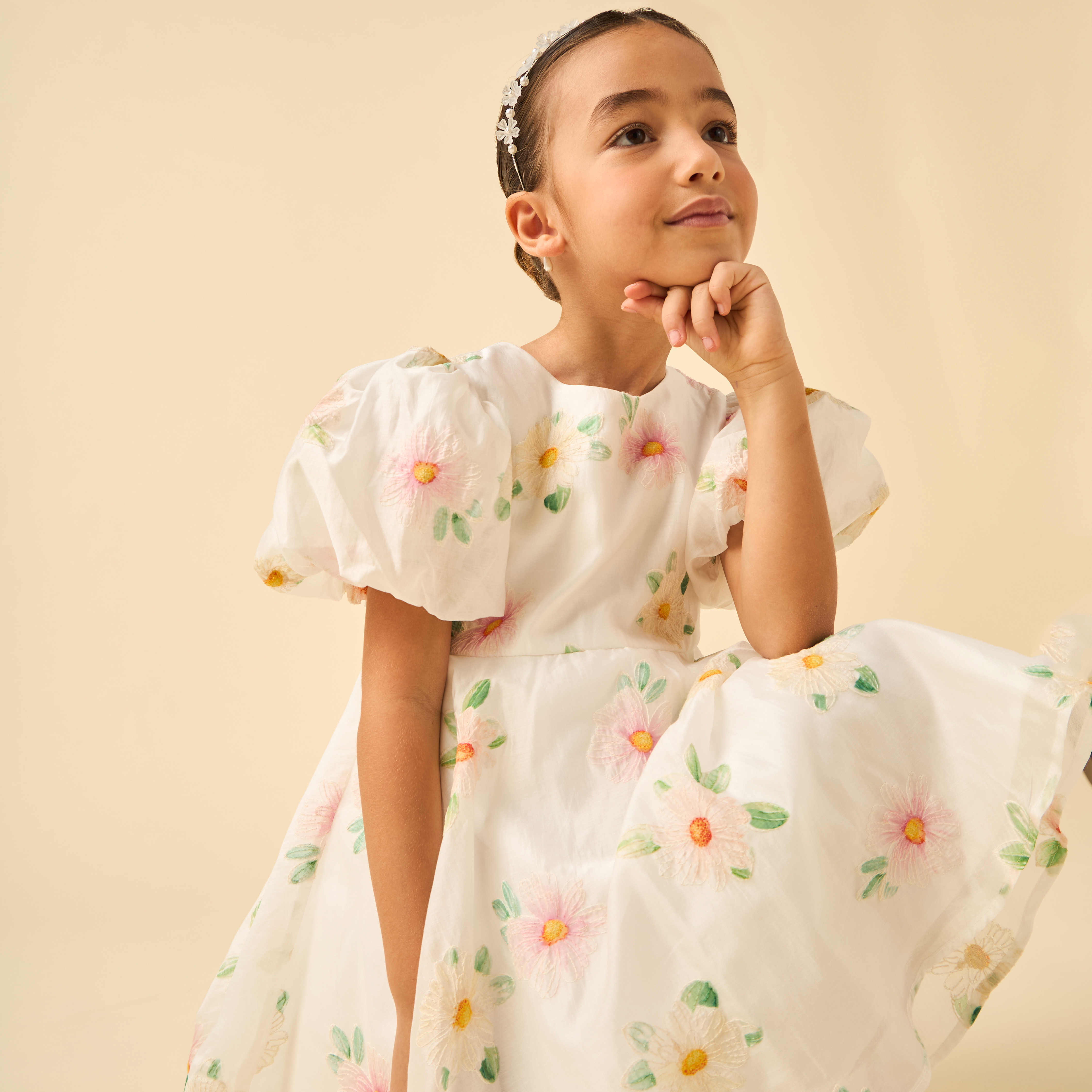 Juniors Round Neck Short Sleeves Knee Length A-line Dress with Floral Embroidery-girls-clothing-dressesandjumpsuits-image-5