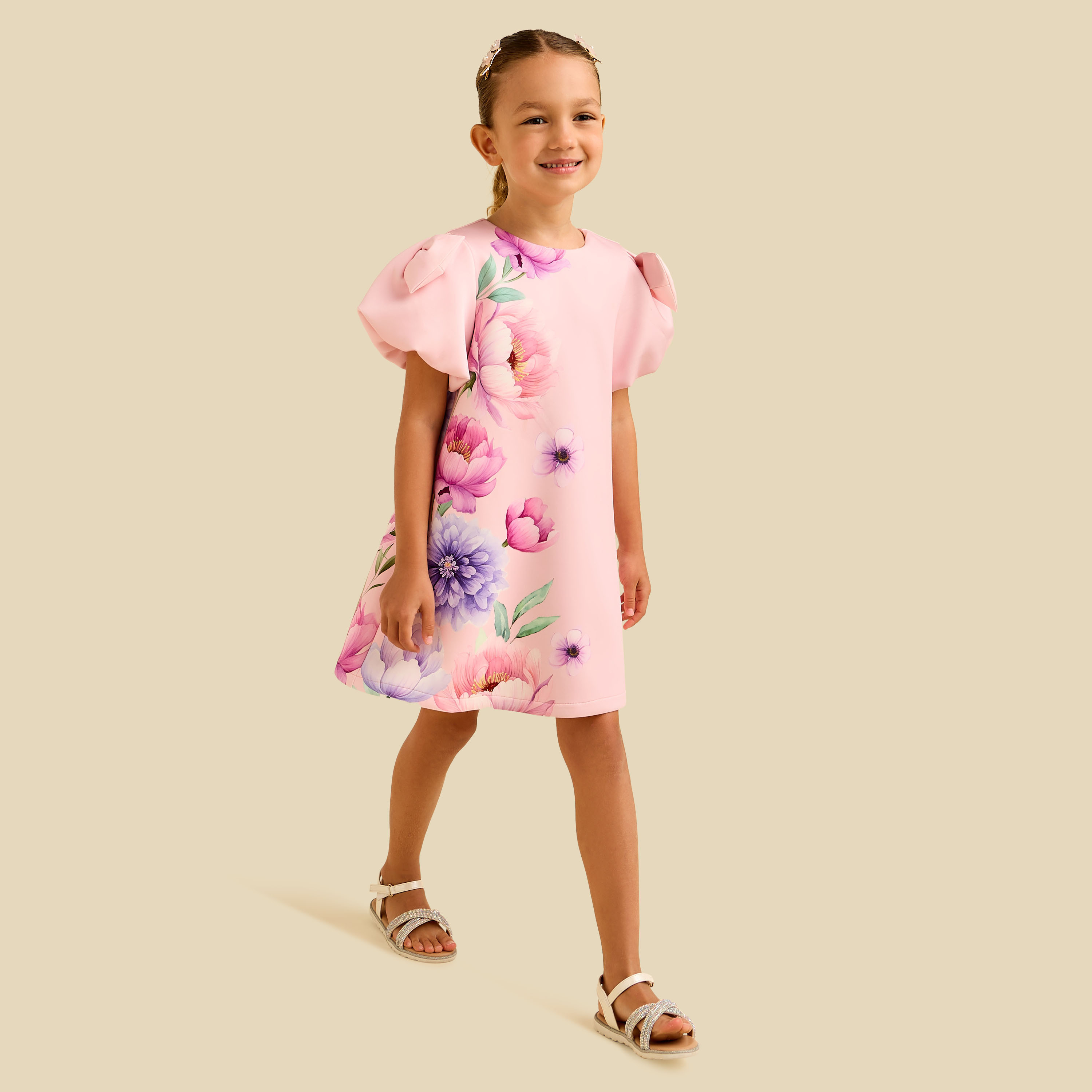 فستان بياقة مستديرة وأكمام قصيرة وطبعات زهرية من جونيورز-girls-clothing-dressesandjumpsuits-image-3