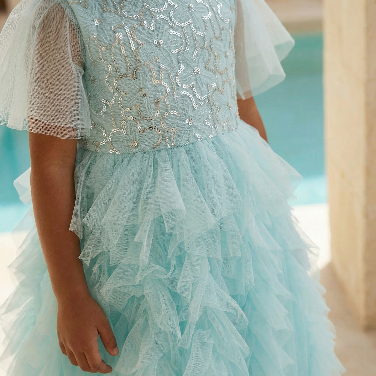 Juniors Round Neck Short Sleeves Knee Length Prom Dress with Ruffles and Sequins-girls-clothing-dressesandjumpsuits-image-5