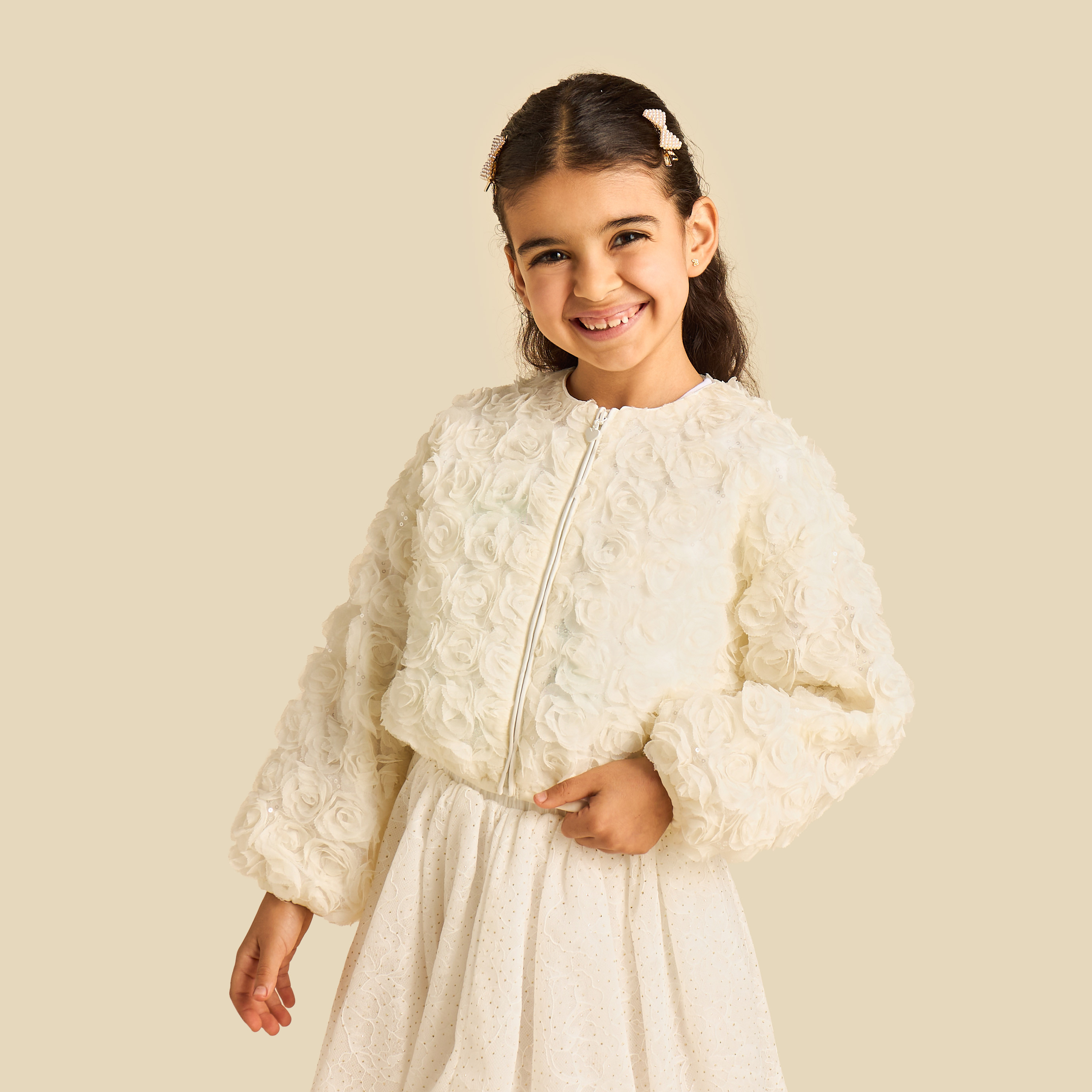 Juniors Crew Neck Long Sleeves Jacket with Floral Texture-baby-girls-clothing-jacketsandcoats-image-1