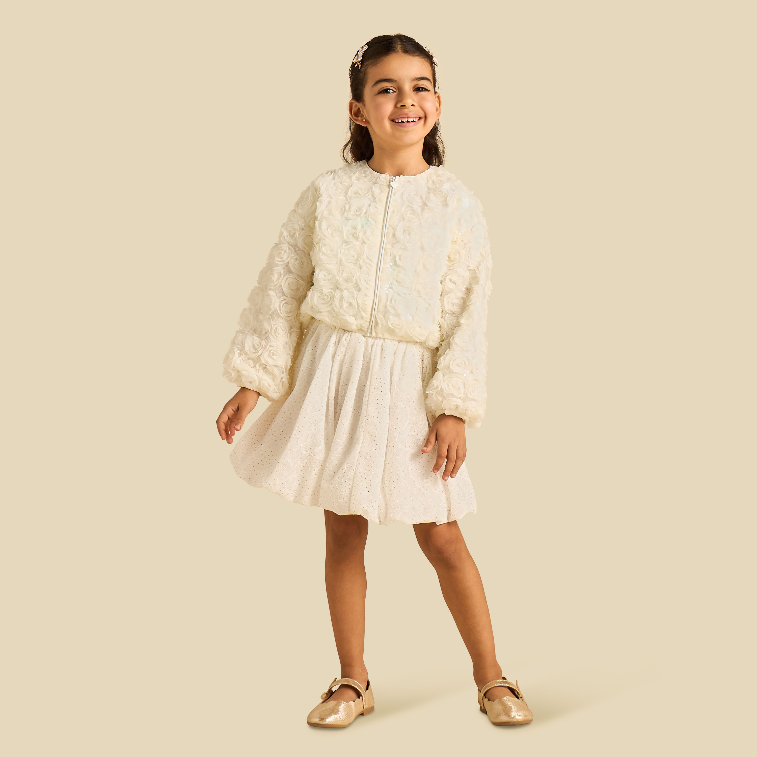 Juniors Crew Neck Long Sleeves Jacket with Floral Texture-baby-girls-clothing-jacketsandcoats-image-2