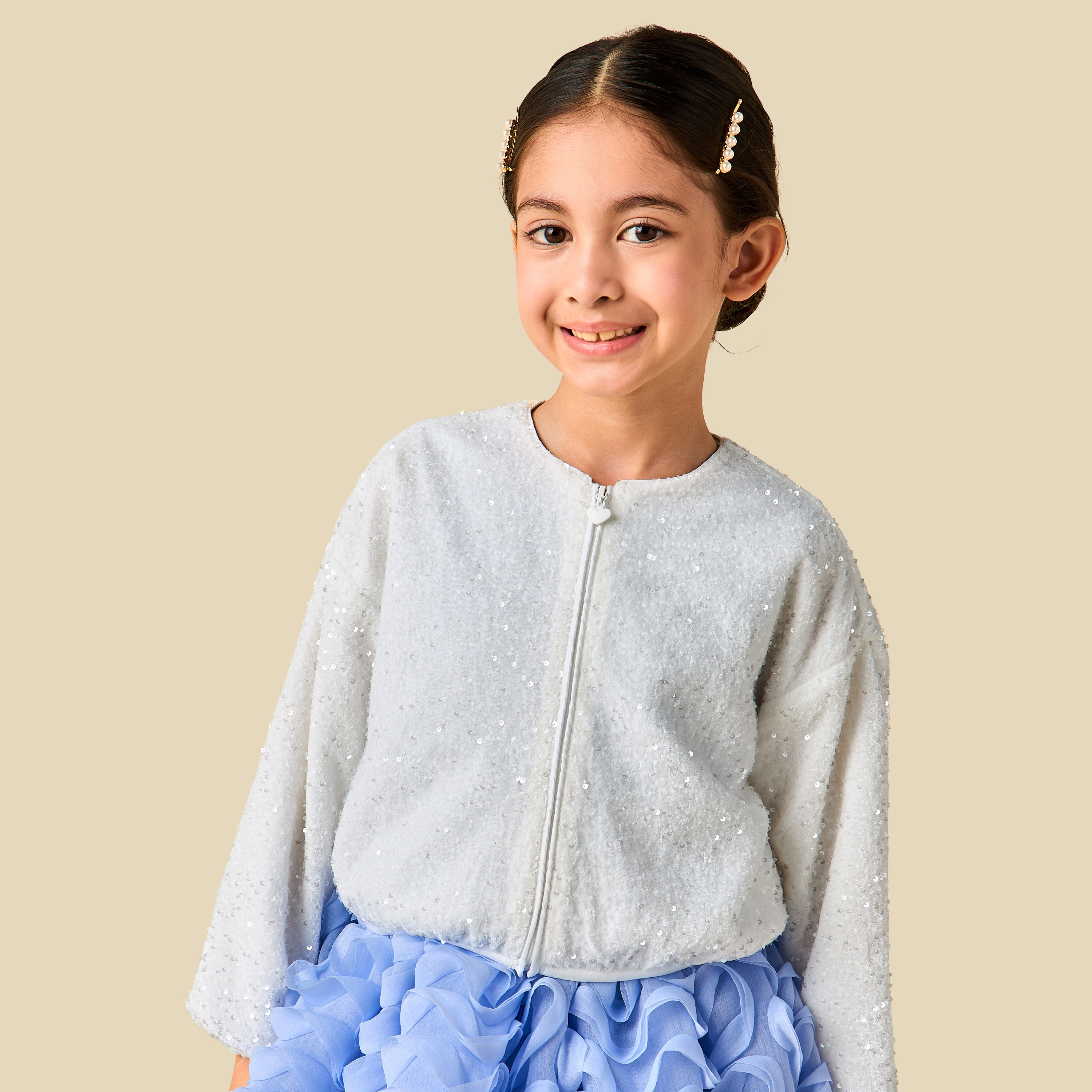 جاكيت برقبة ضيقة وأكمام طويلة منفوخة وترتر من جونيورز-baby-girls-clothing-jacketsandcoats-image-3