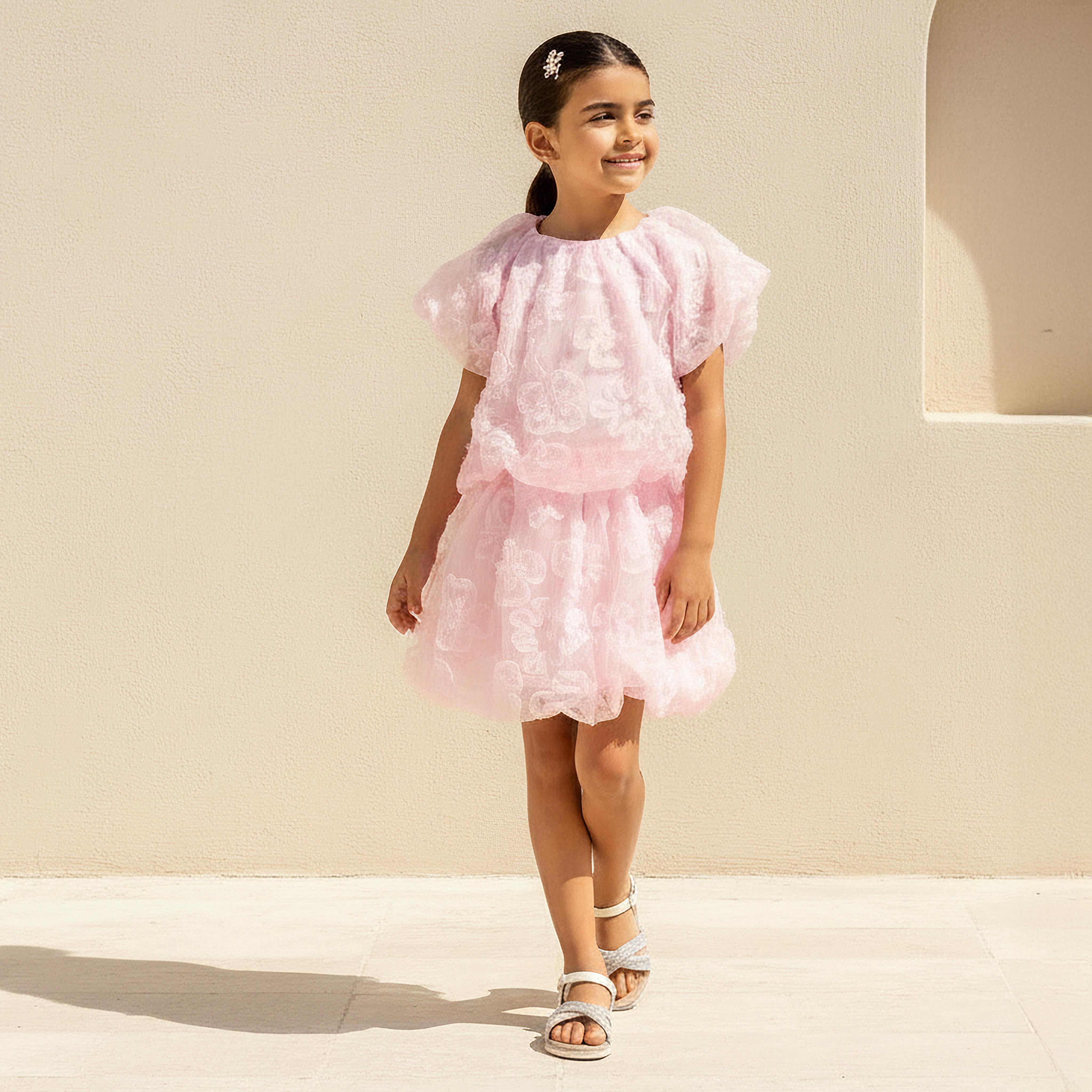 Juniors Crew Neck Short Sleeves Top and Skirt Set with Floral Texture-baby-girls-clothing-setsandcoords-image-1