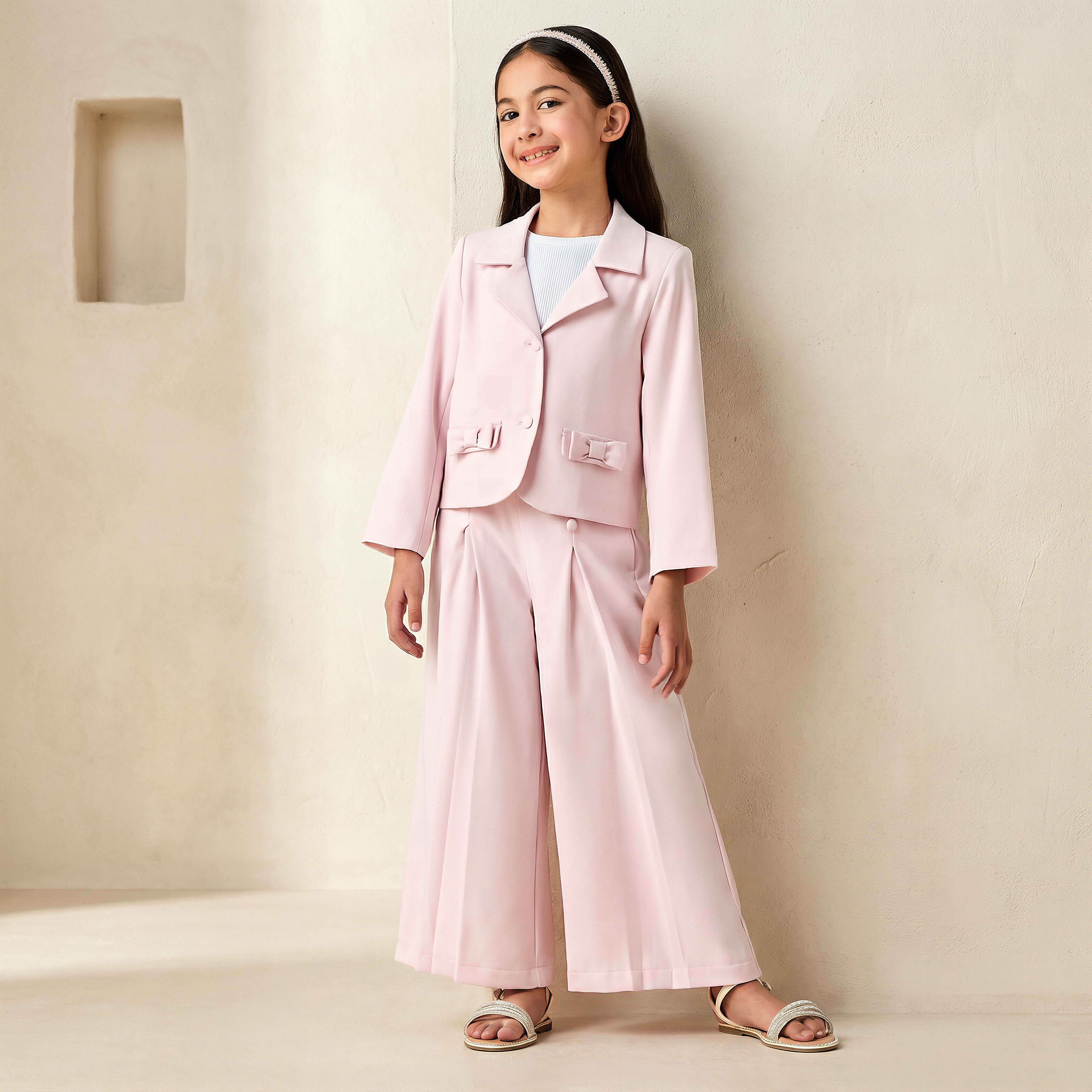 Juniors Notched Lapel Long Sleeves Blazer and Pants Set with Bow Detail-girls-clothing-setsandcoords-image-1