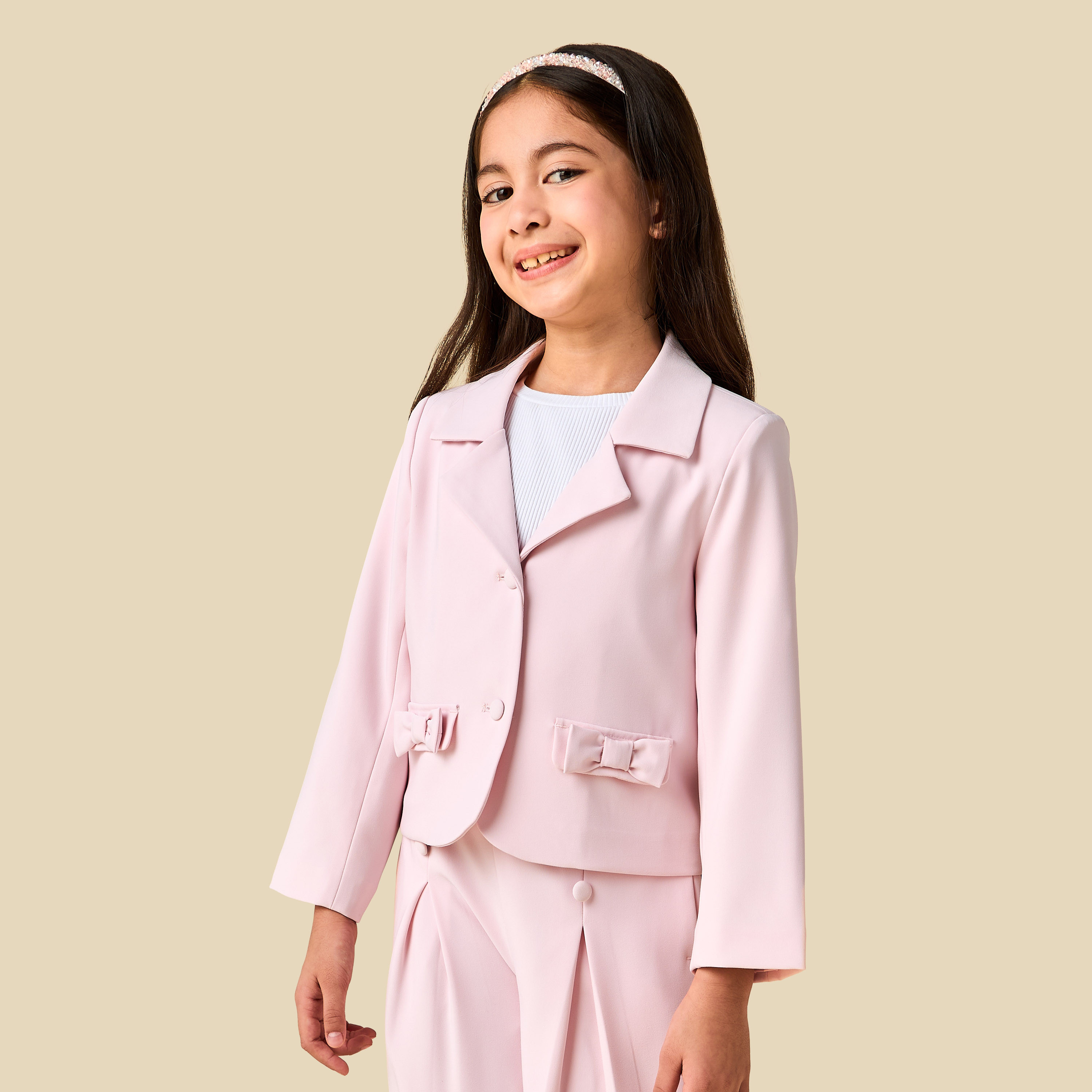 Juniors Notched Lapel Long Sleeves Blazer and Pants Set with Bow Detail-girls-clothing-setsandcoords-image-2
