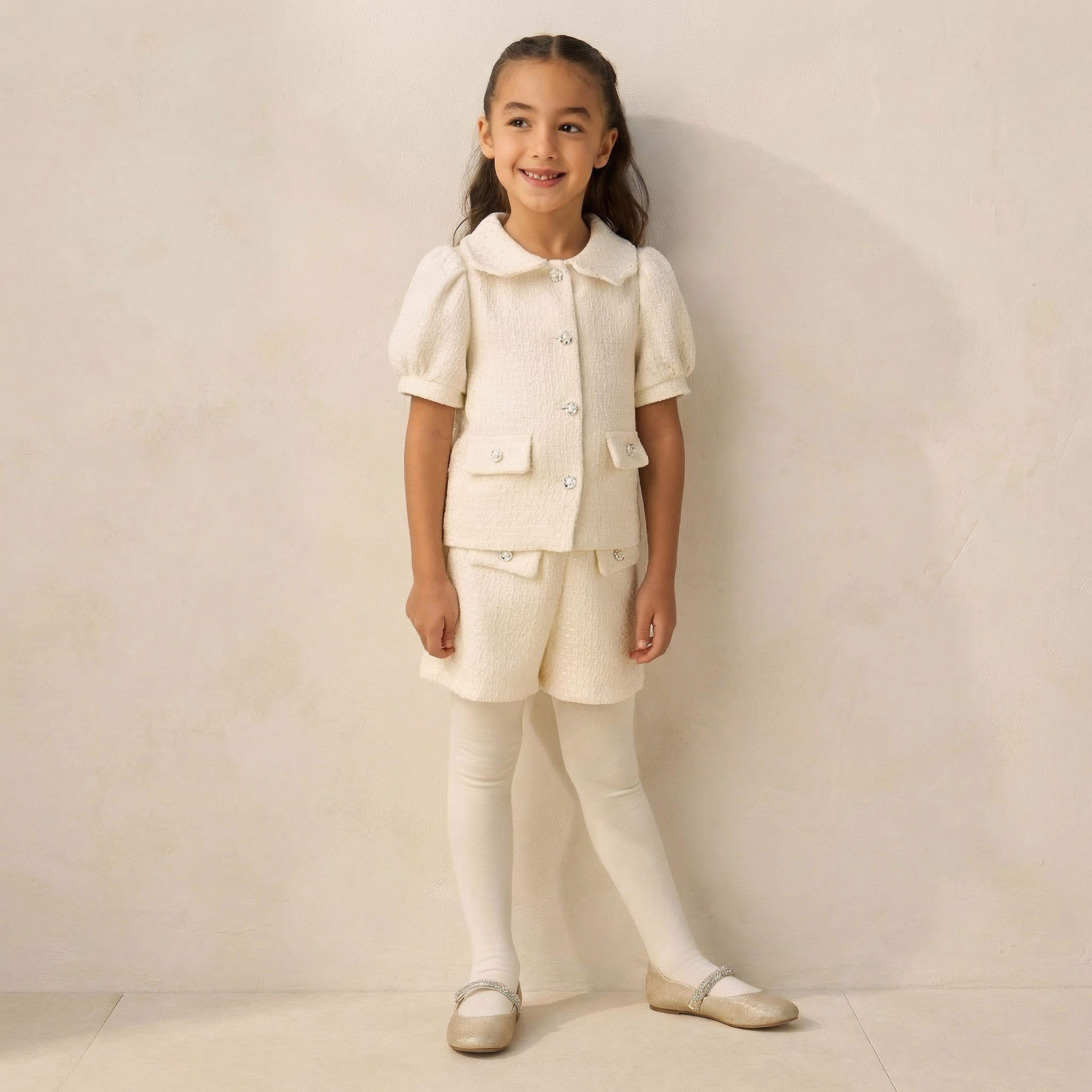 Juniors Collared Short Sleeves Jacket and Shorts Set with Tights-girls-clothing-winterwear-setsandcoords-image-1