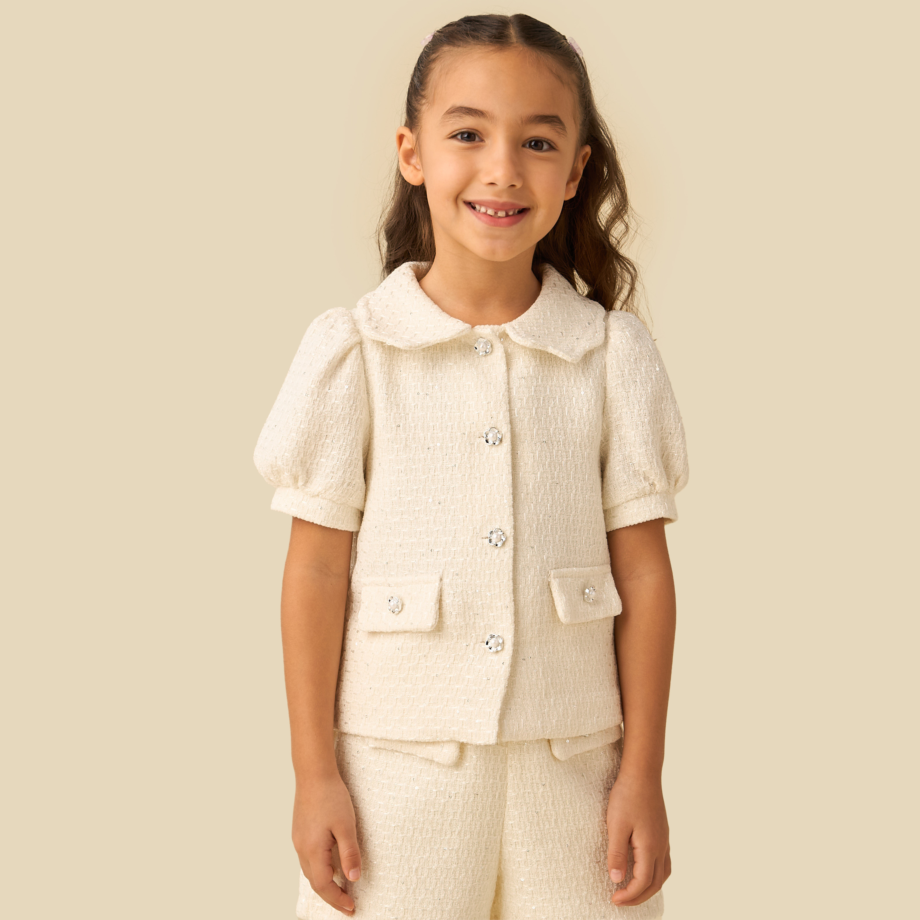 Juniors Collared Short Sleeves Jacket and Shorts Set with Tights-girls-clothing-winterwear-setsandcoords-image-2