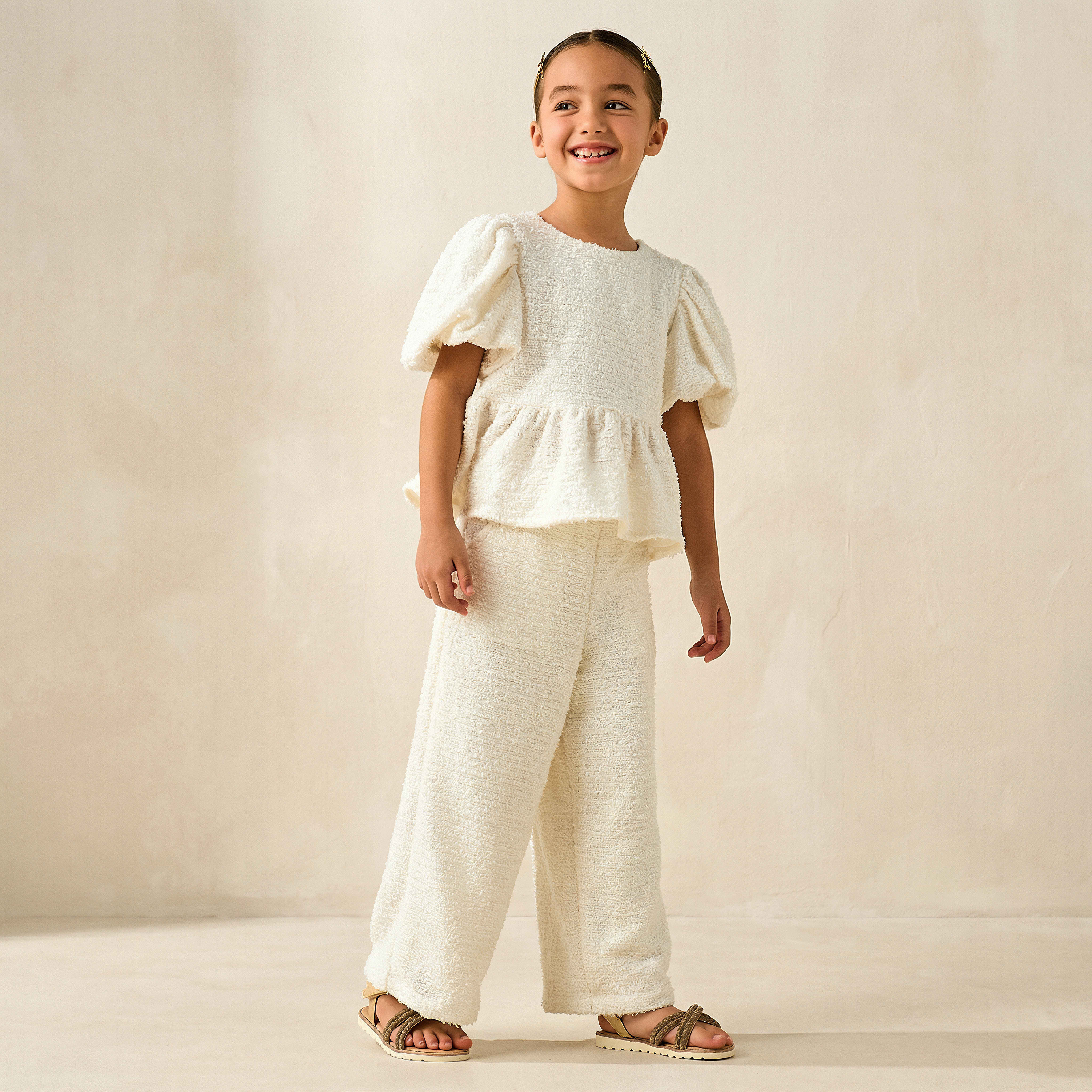 Juniors Crew Neck Short Puff Sleeves Peplum Top and Pants Set with Sequin Detail-girls-clothing-setsandcoords-image-2