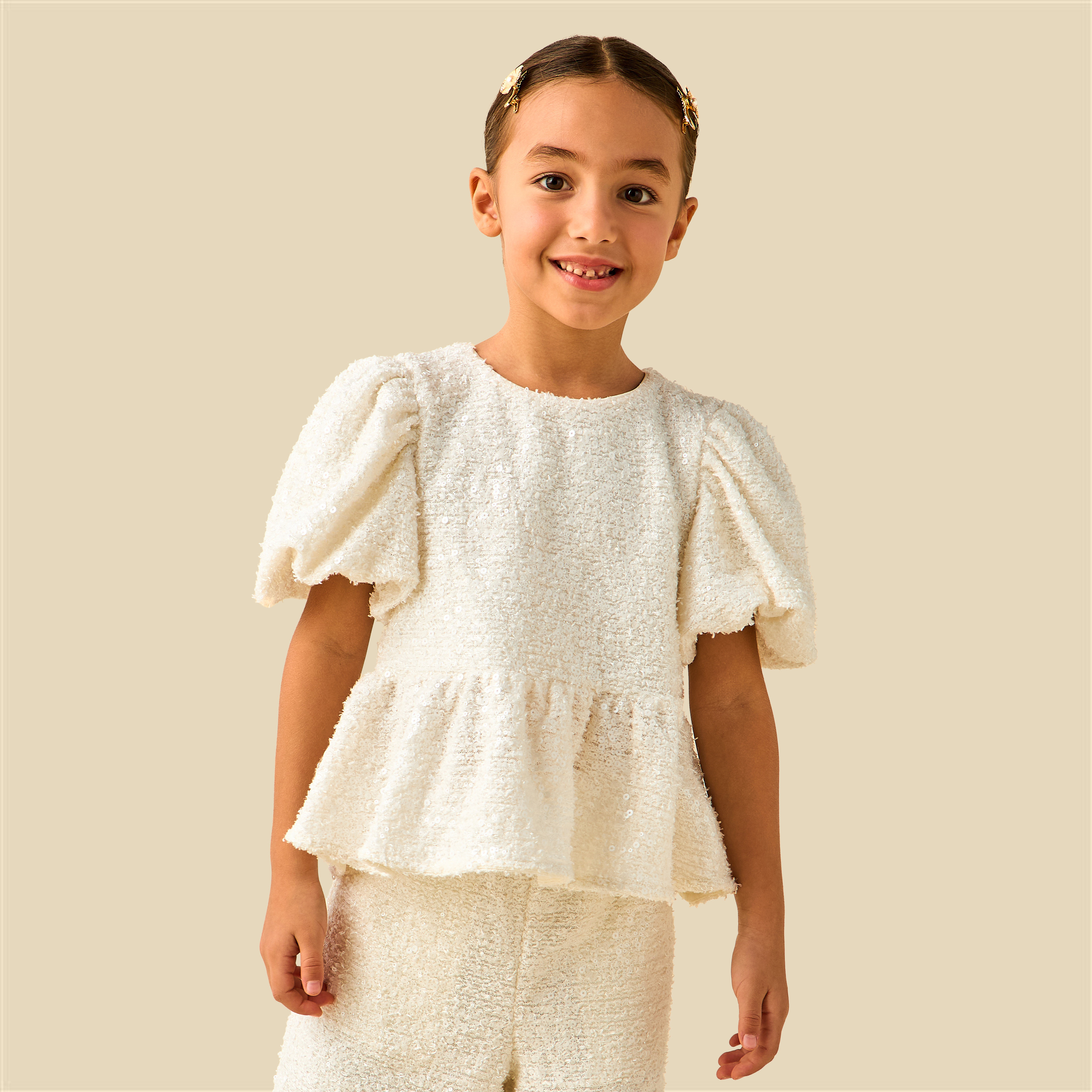 Juniors Crew Neck Short Puff Sleeves Peplum Top and Pants Set with Sequin Detail-girls-clothing-setsandcoords-image-3