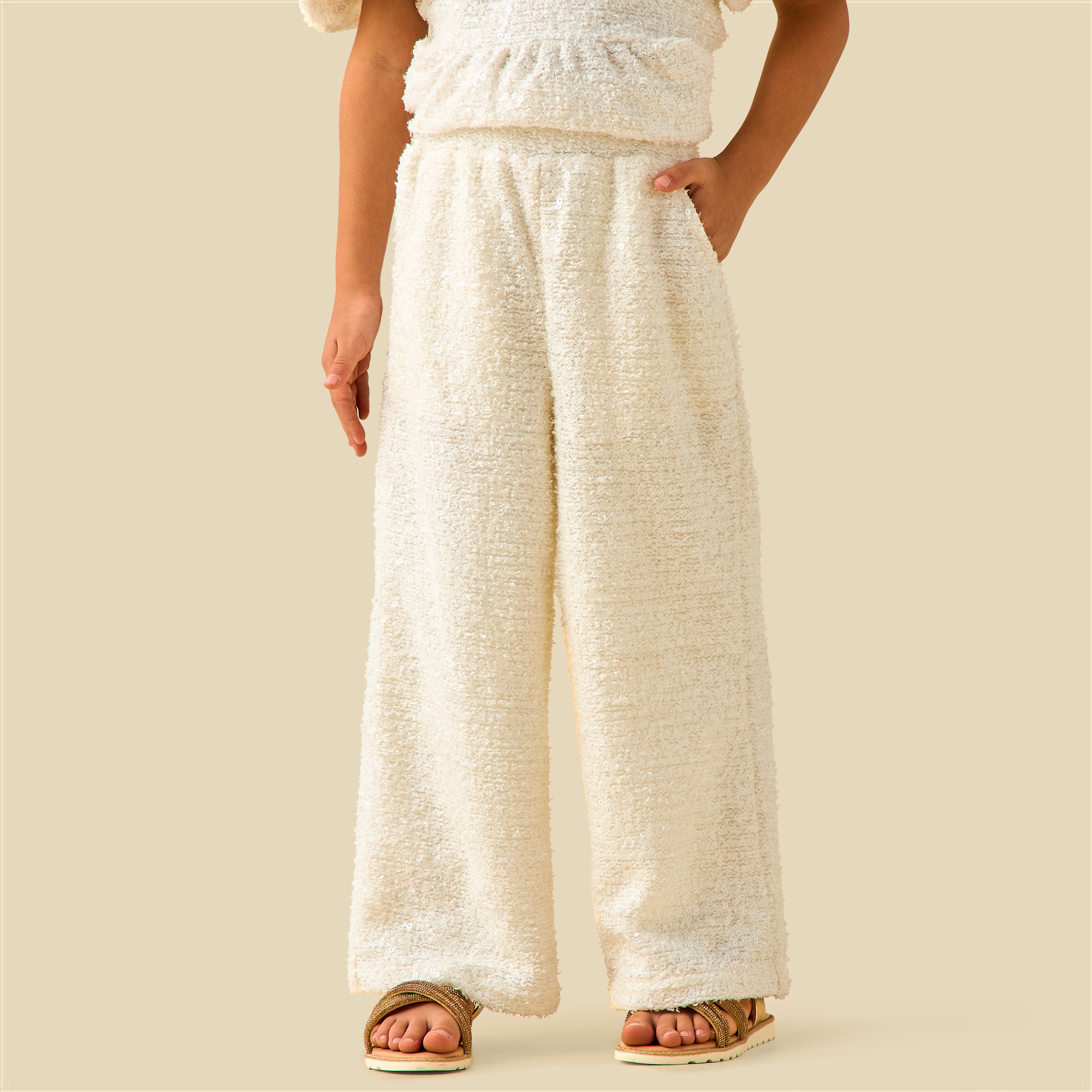 Juniors Crew Neck Short Puff Sleeves Peplum Top and Pants Set with Sequin Detail-girls-clothing-setsandcoords-image-4