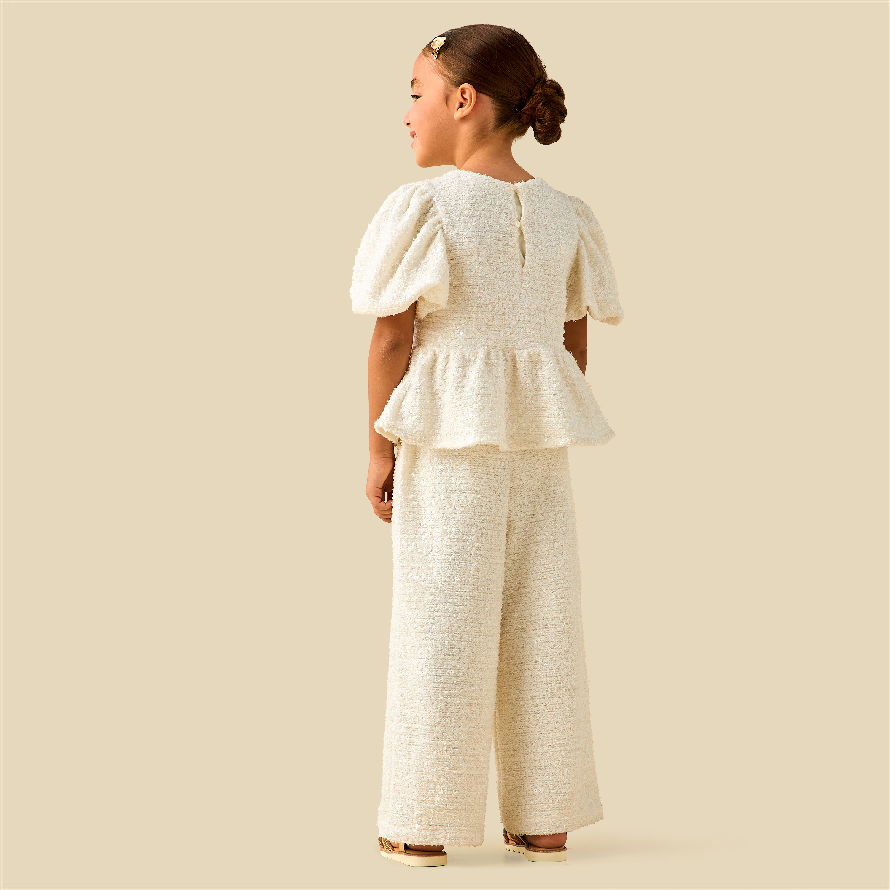Juniors Crew Neck Short Puff Sleeves Peplum Top and Pants Set with Sequin Detail-girls-clothing-setsandcoords-image-6