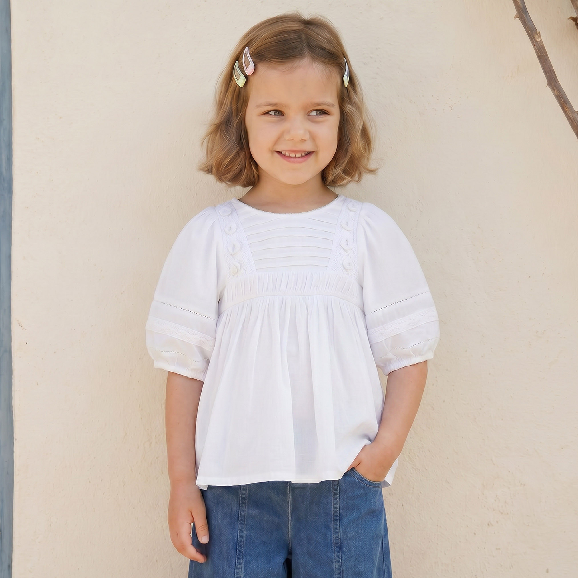 Eligo Crew Neck Short Sleeves Top with Smocked Detail-girls-clothing-blousesandshirts-image-1