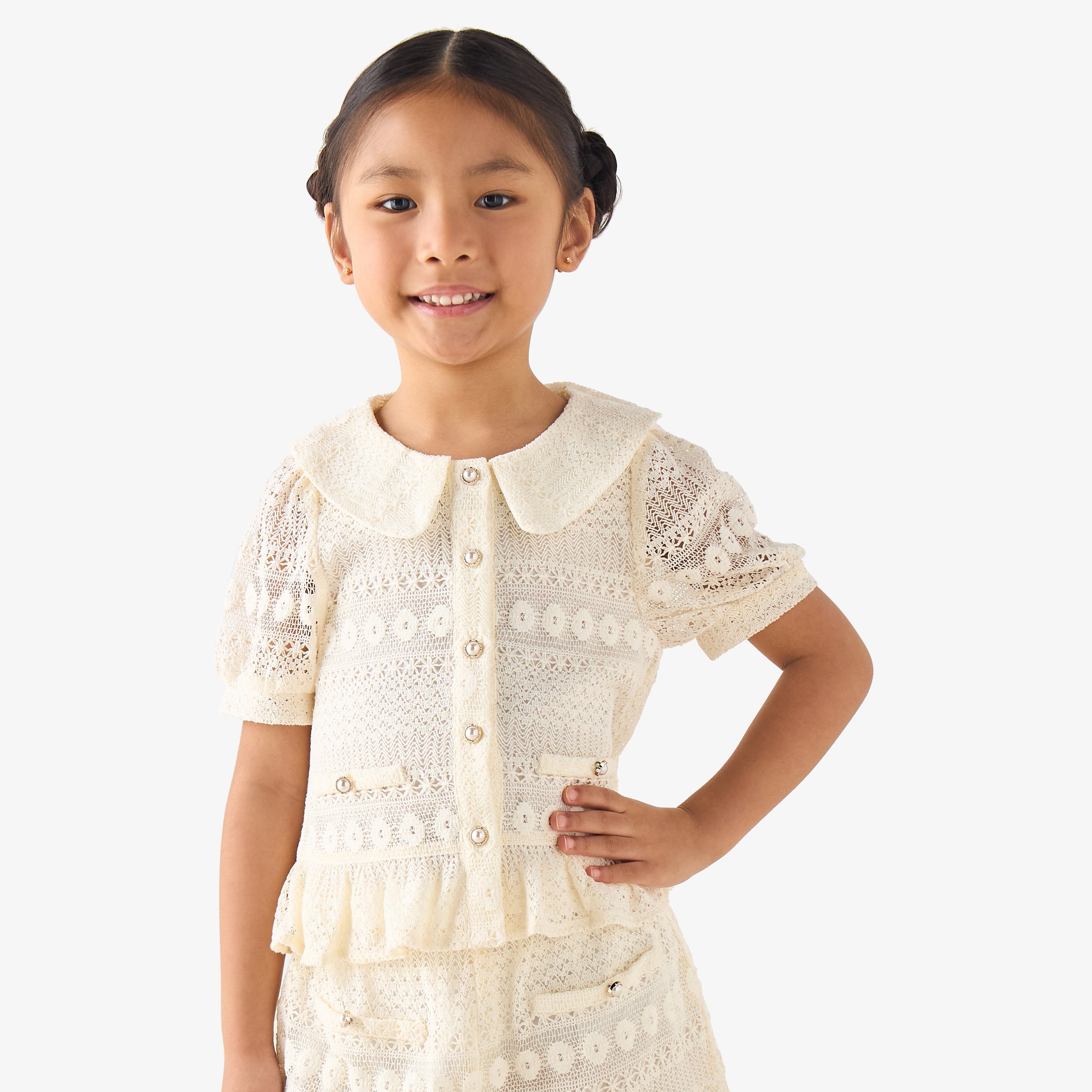 Eligo Sailor Collar Short Sleeves Peplum Top with Lace-baby-girls-clothing-blousesandshirts-image-1