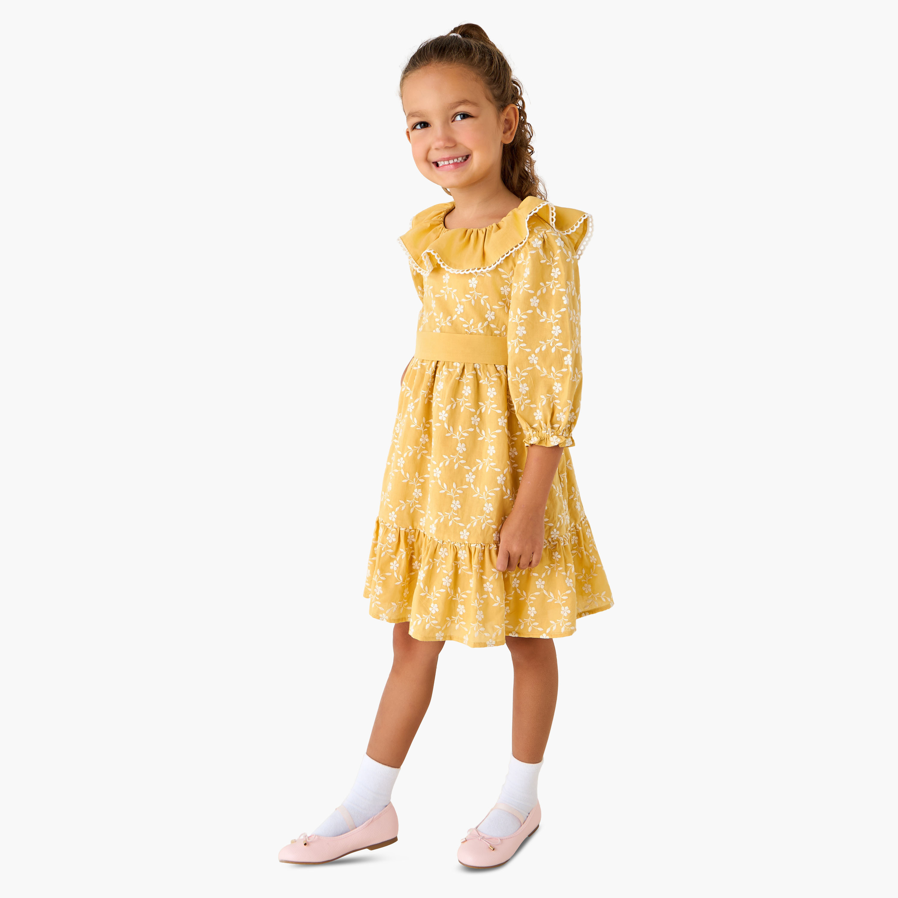 Eligo Round Neck 3/4 Sleeve Dress with Tie-Up Belt-girls-clothing-dressesandjumpsuits-image-2