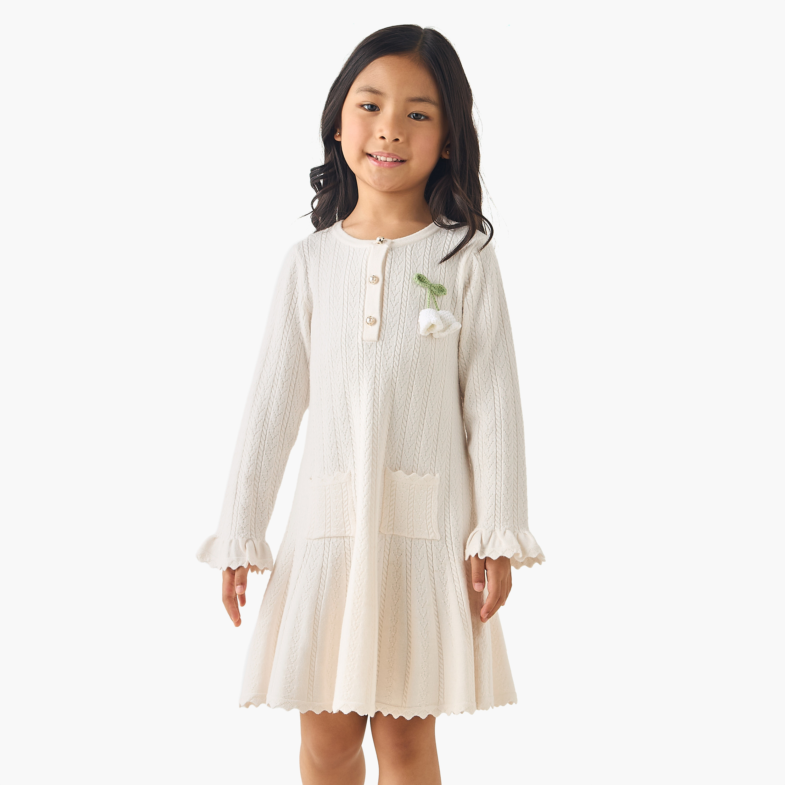 Eligo Henley Neck Long Sleeves Dress with Crochet Detail-girls-clothing-winterwear-dresses-image-1