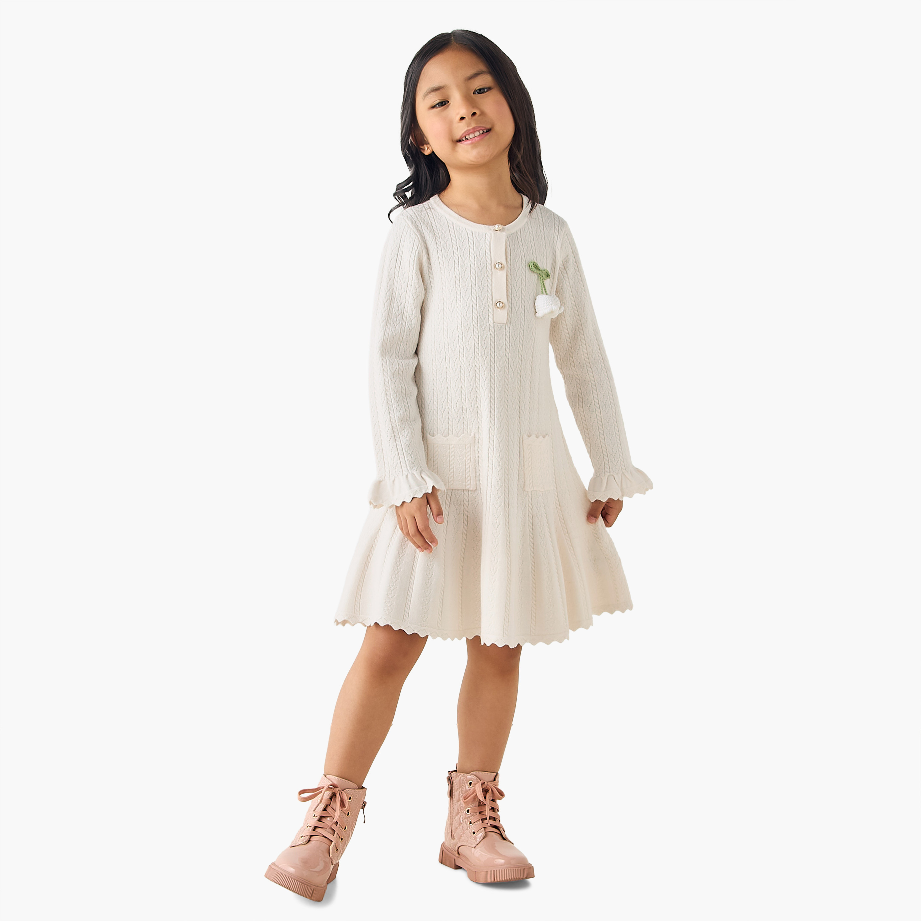 Eligo Henley Neck Long Sleeves Dress with Crochet Detail-girls-clothing-winterwear-dresses-image-2
