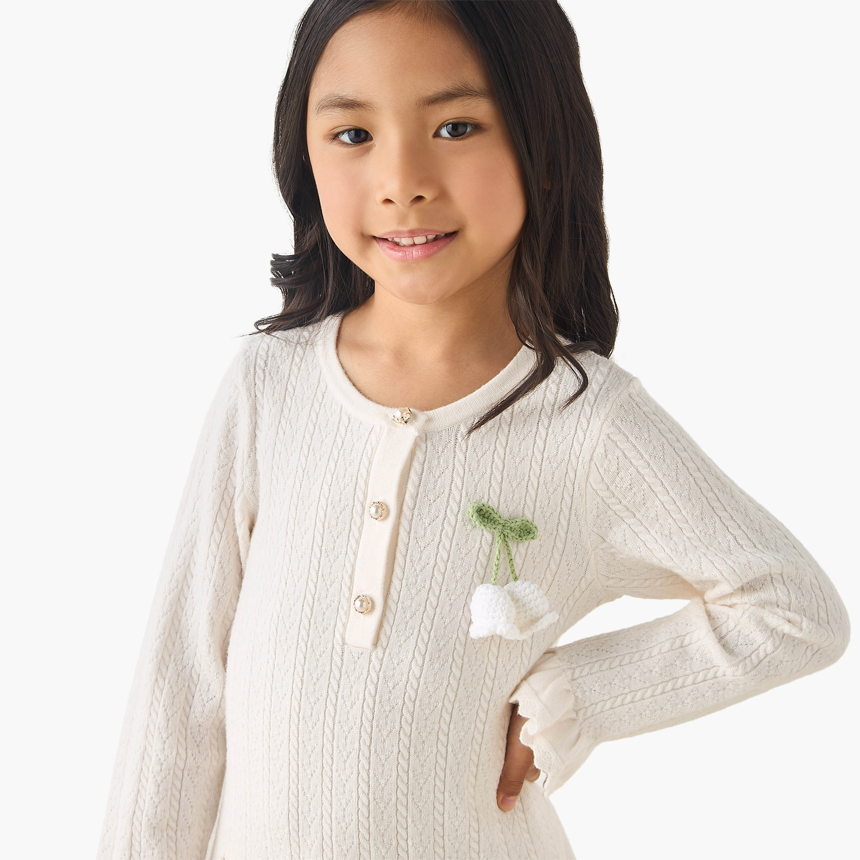 Eligo Henley Neck Long Sleeves Dress with Crochet Detail-girls-clothing-winterwear-dresses-image-4