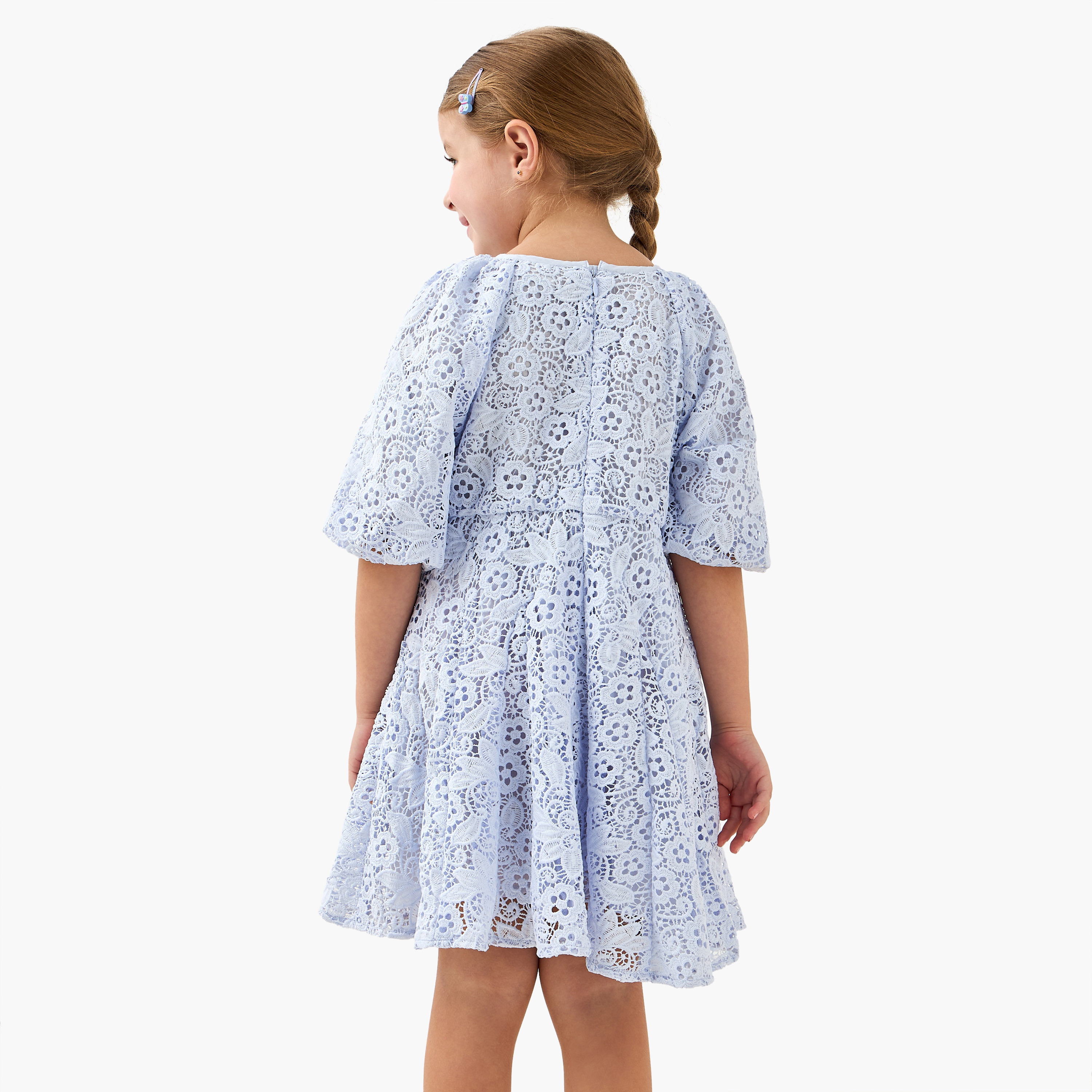 فستان إيه لاين دانتيل مزين بياقة مستديرة وأكمام قصيرة من جونيورز-girls-clothing-dressesandjumpsuits-image-2