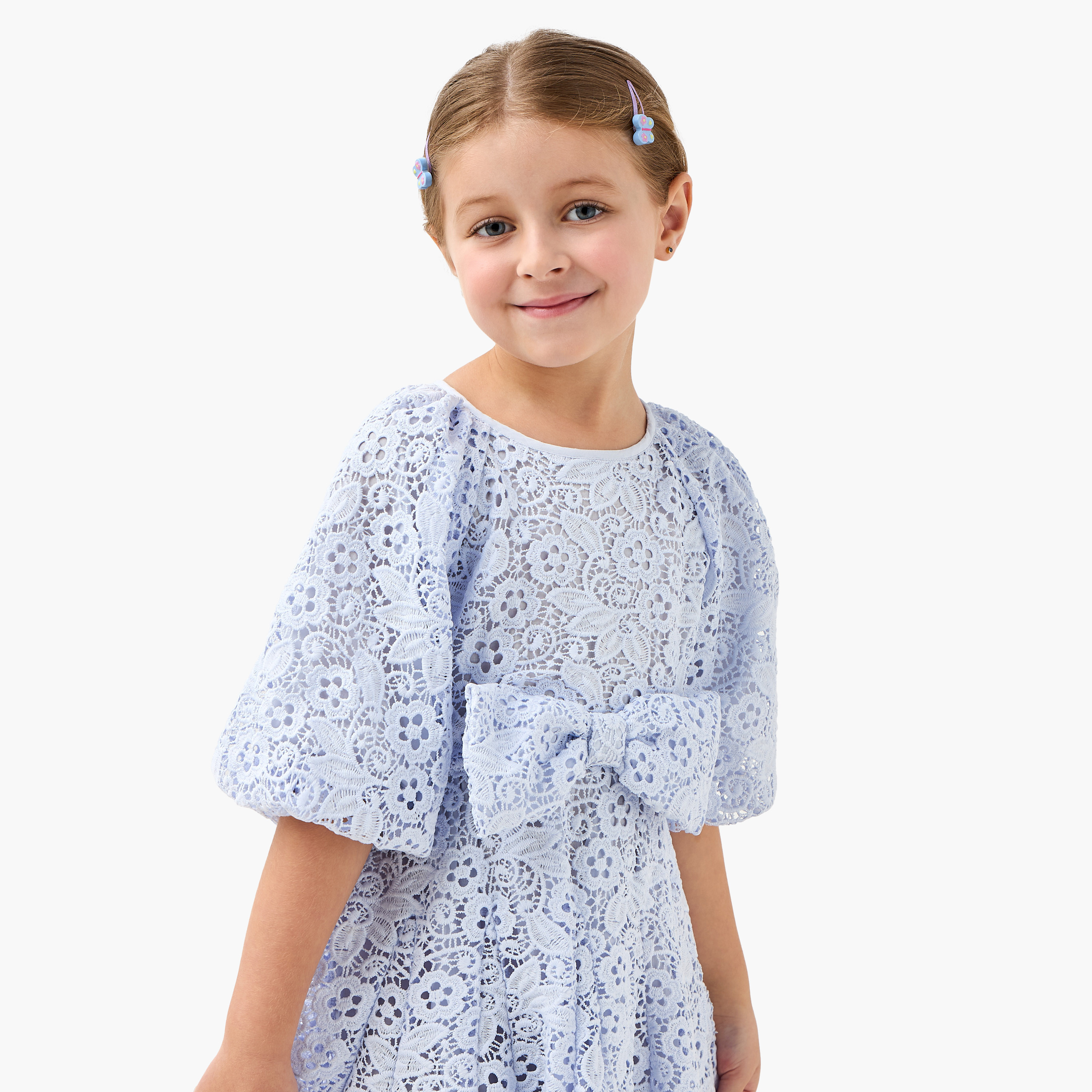 فستان إيه لاين دانتيل مزين بياقة مستديرة وأكمام قصيرة من جونيورز-girls-clothing-dressesandjumpsuits-image-1