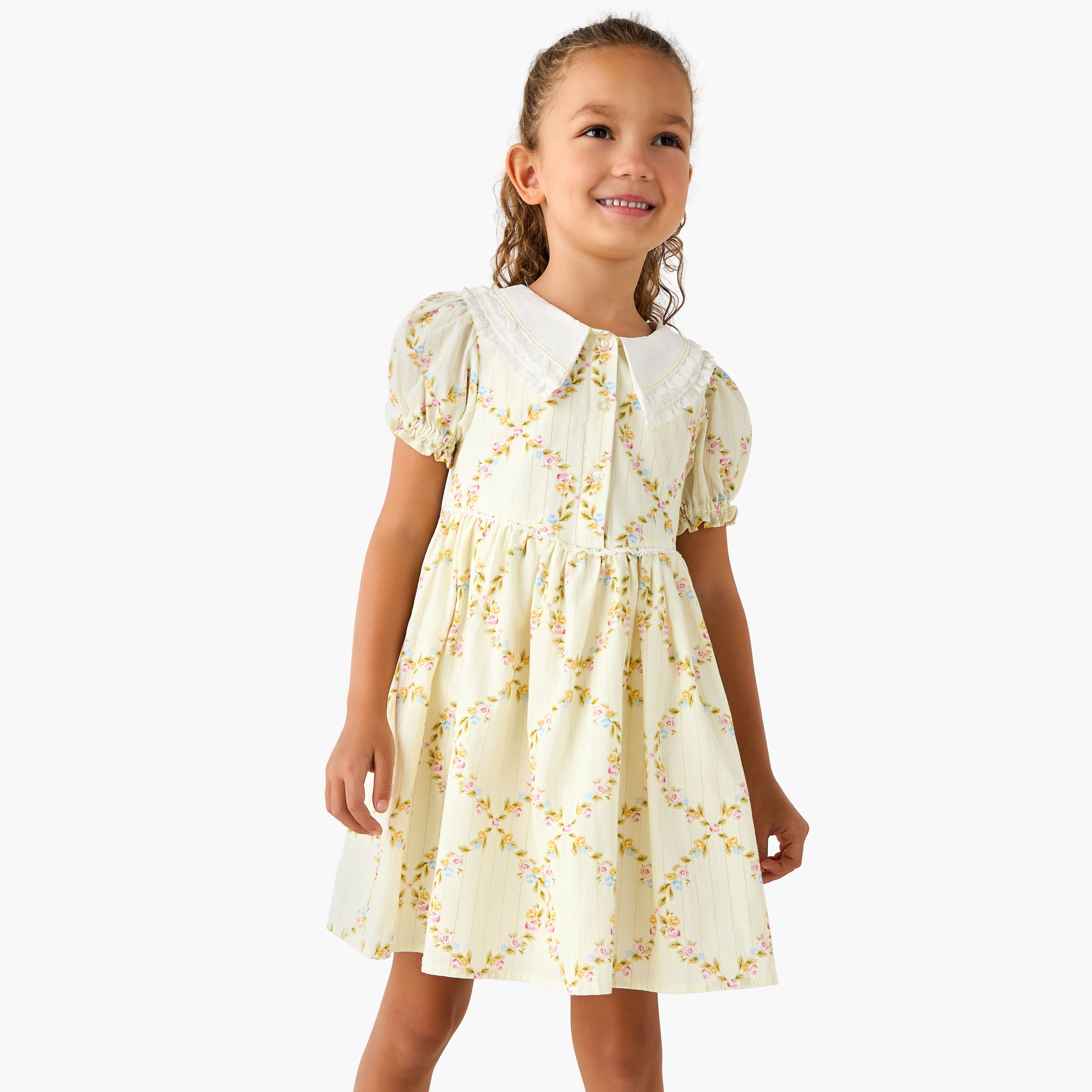 Eligo Peter Pan Collar Puff Sleeve Dress with Button Placket-girls-clothing-dressesandjumpsuits-image-1