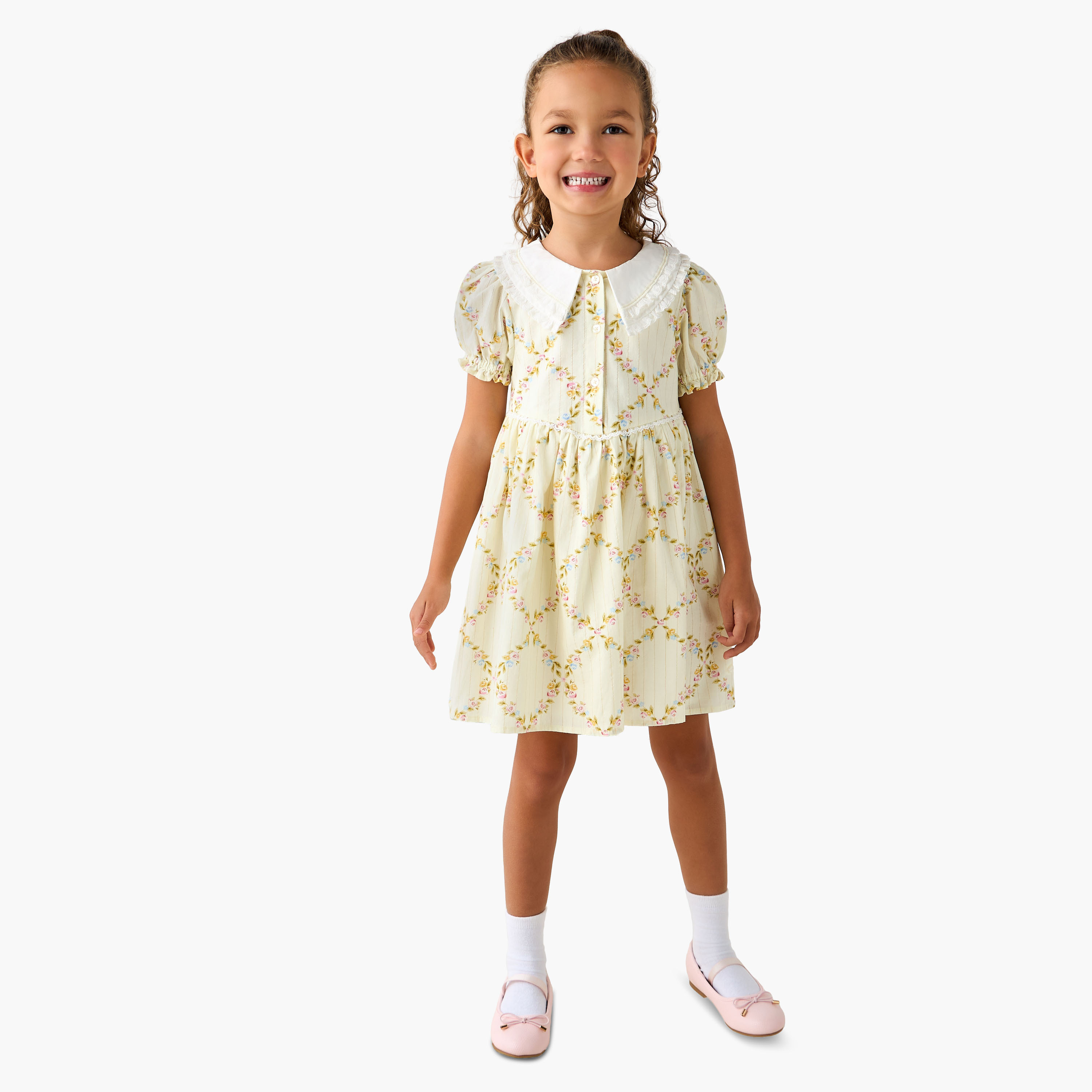 Eligo Peter Pan Collar Puff Sleeve Dress with Button Placket-girls-clothing-dressesandjumpsuits-image-2