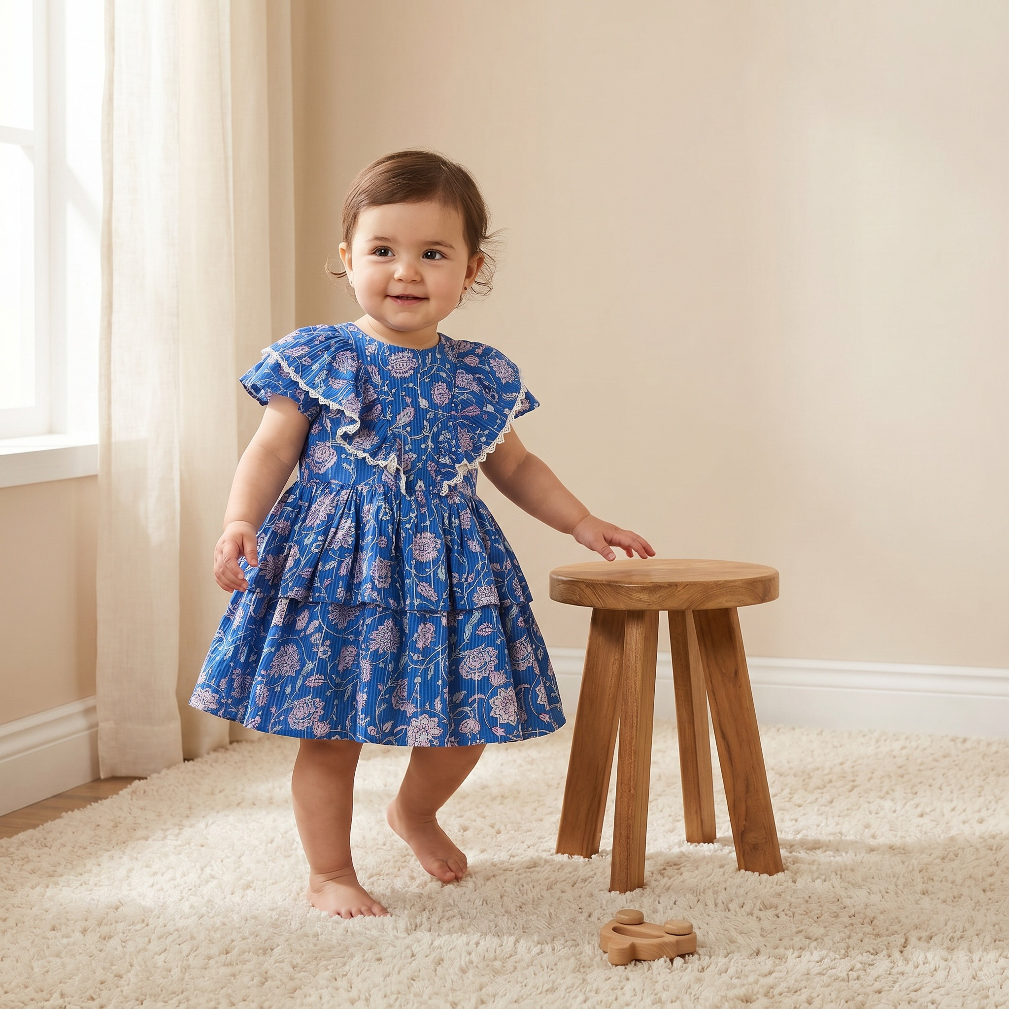 Eligo Round Neck Short Sleeves Knee Length Tiered Dress with Floral Print-girls-clothing-dressesandjumpsuits-image-1
