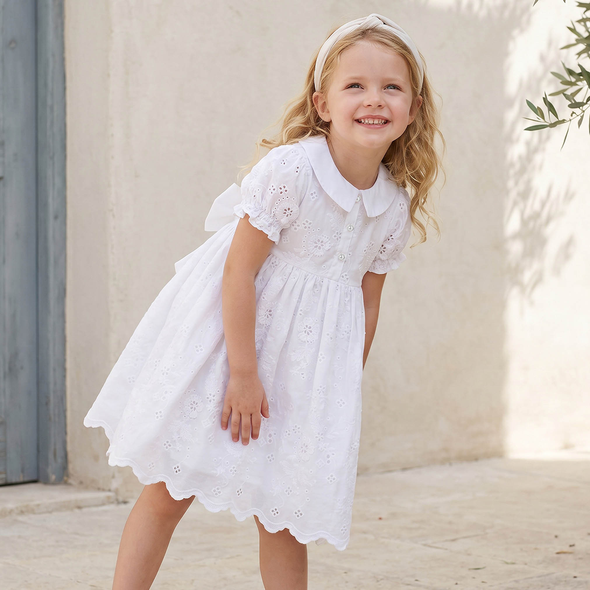 Eligo Peter Pan Collar Short Sleeves Knee Length A-line Dress with Schiffli Embroidery-girls-clothing-dressesandjumpsuits-image-1