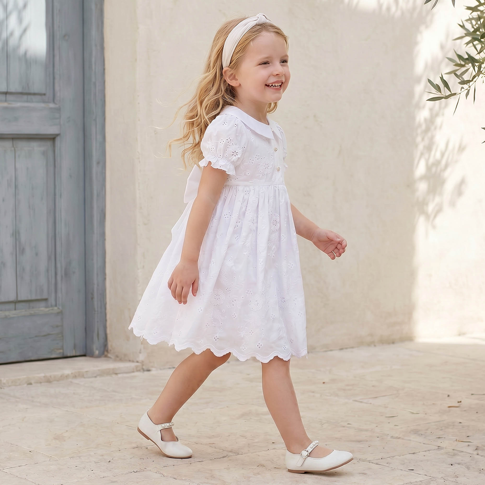 Eligo Peter Pan Collar Short Sleeves Knee Length A-line Dress with Schiffli Embroidery-girls-clothing-dressesandjumpsuits-image-4
