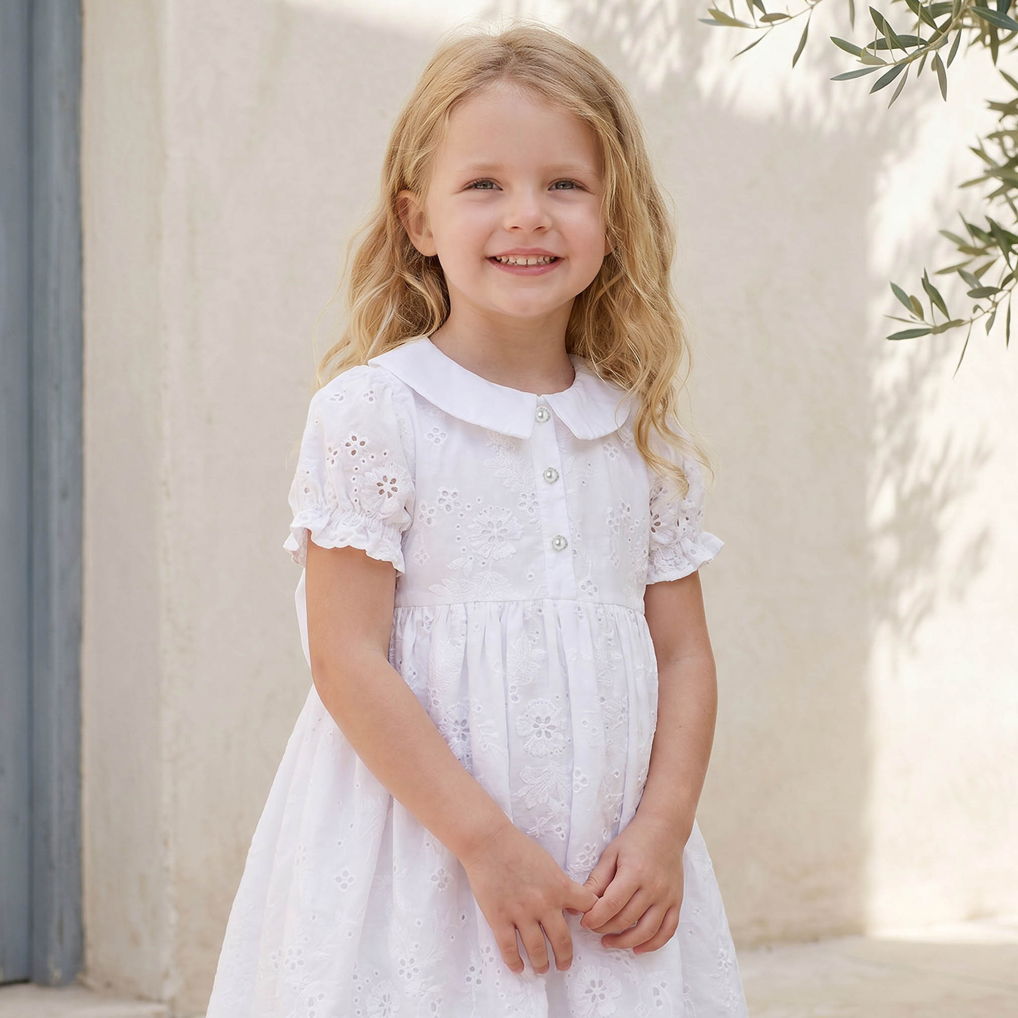 Eligo Peter Pan Collar Short Sleeves Knee Length A-line Dress with Schiffli Embroidery-girls-clothing-dressesandjumpsuits-image-5