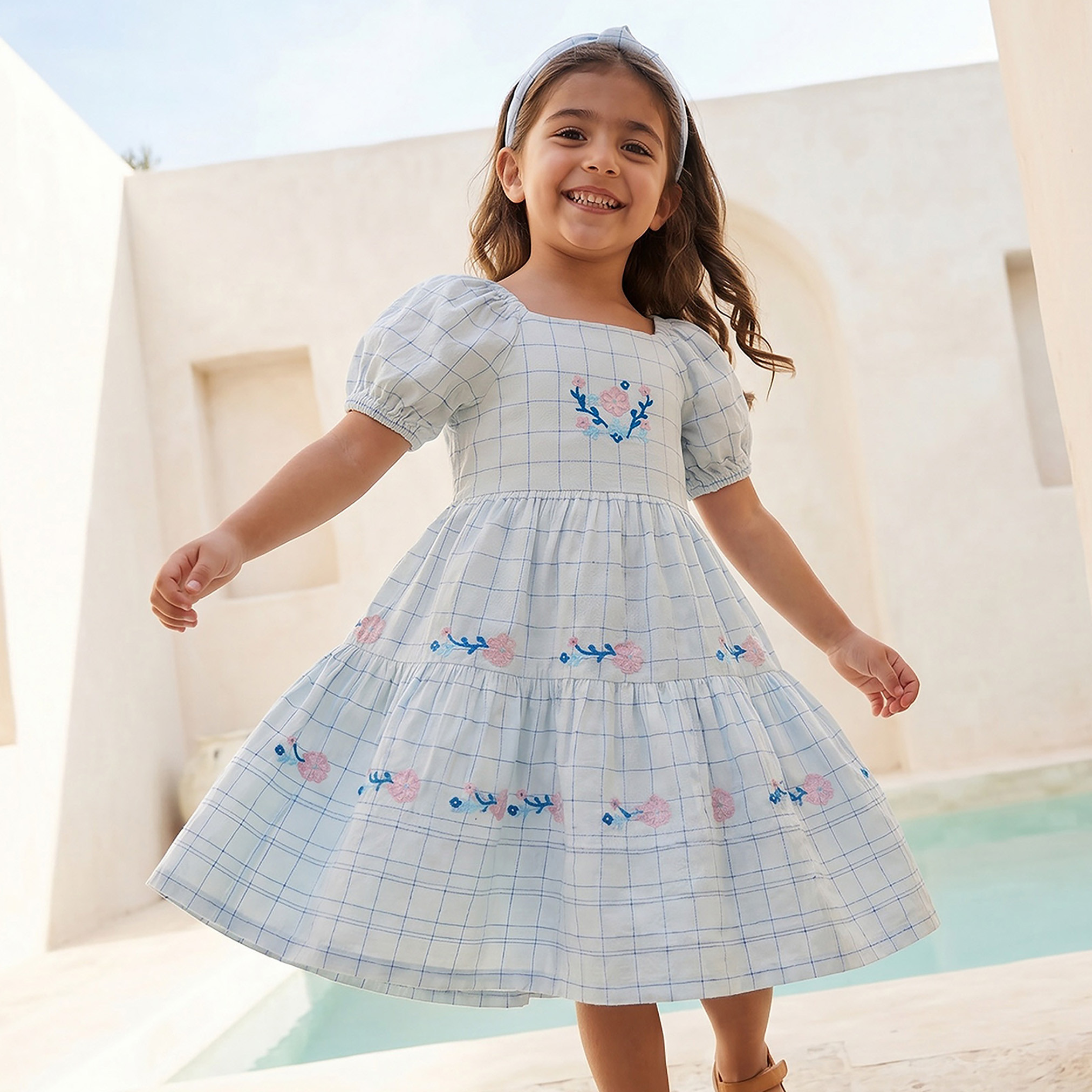Eligo Square Neck Short Sleeves Knee Length A-line Dress with Checked Pattern-girls-clothing-dressesandjumpsuits-image-1