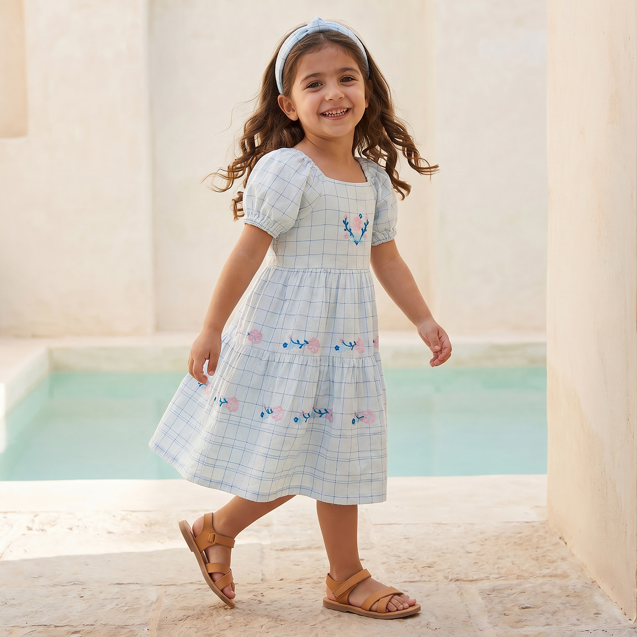 Eligo Square Neck Short Sleeves Knee Length A-line Dress with Checked Pattern-girls-clothing-dressesandjumpsuits-image-2