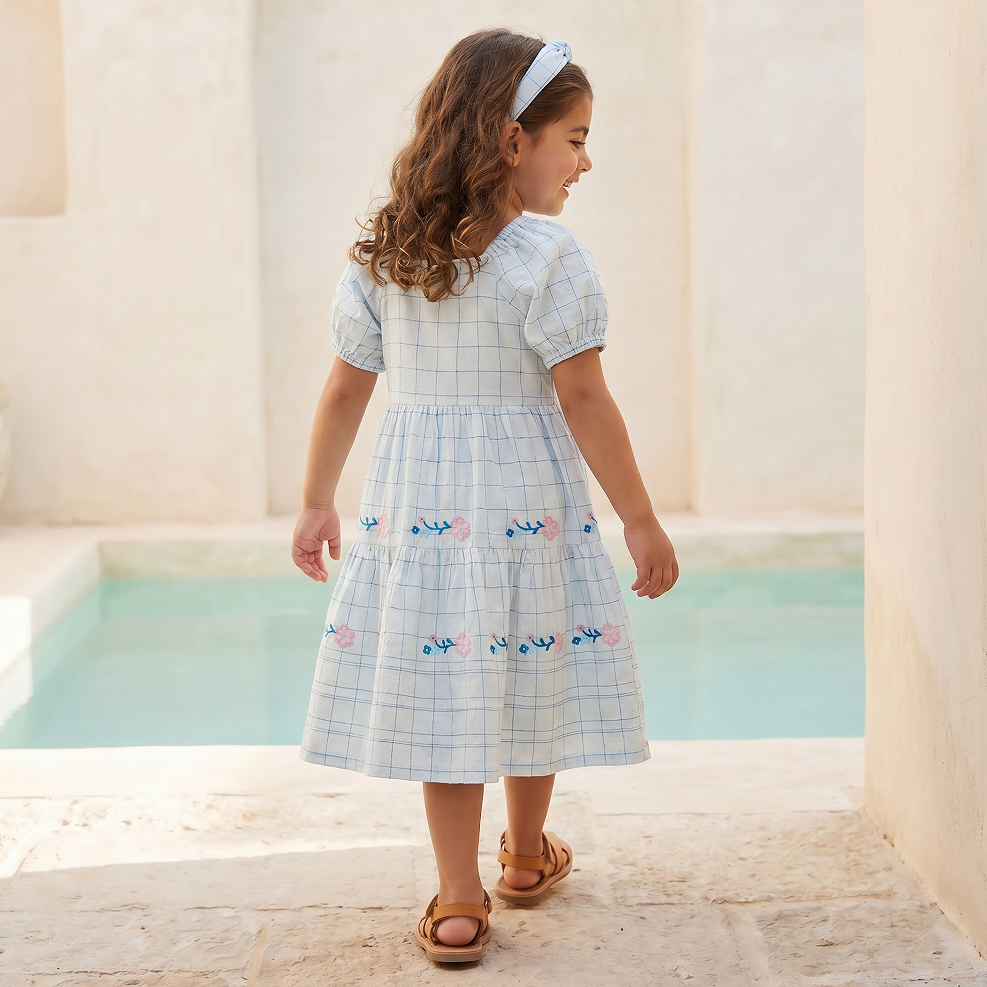 Eligo Square Neck Short Sleeves Knee Length A-line Dress with Checked Pattern-girls-clothing-dressesandjumpsuits-image-3