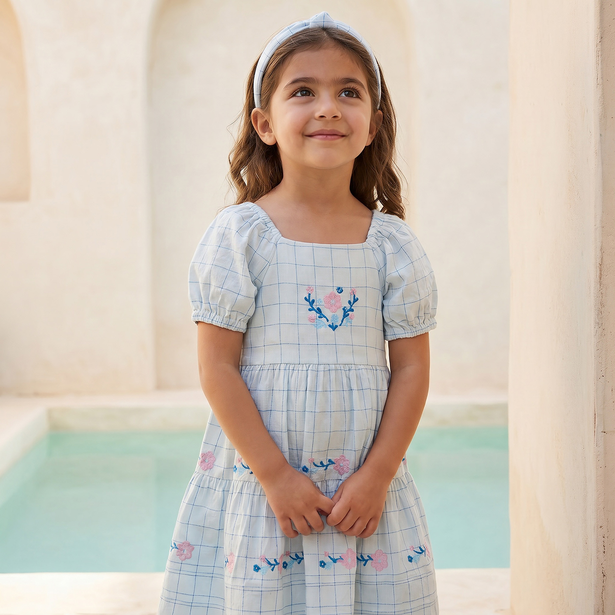 Eligo Square Neck Short Sleeves Knee Length A-line Dress with Checked Pattern-girls-clothing-dressesandjumpsuits-image-5