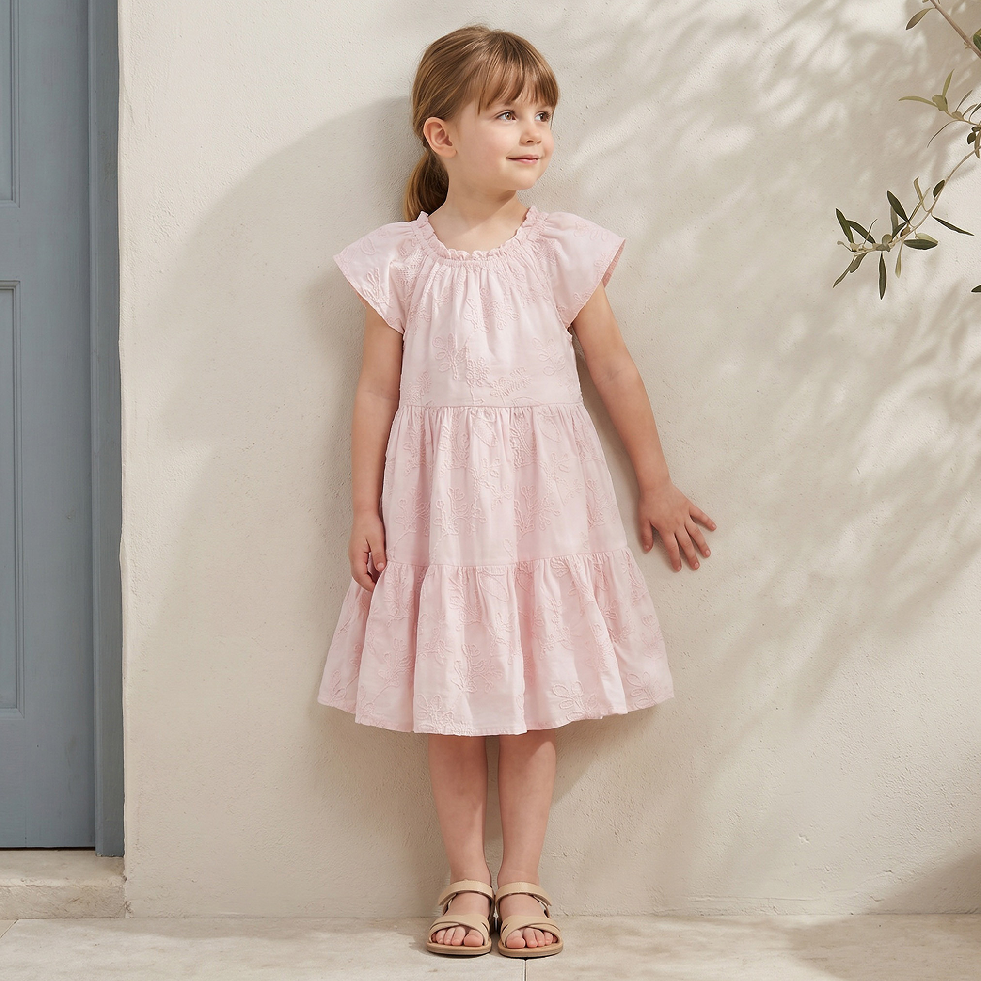 Eligo Round Neck Short Sleeves Knee Length A-Line Dress with Embroidered Design-girls-clothing-dressesandjumpsuits-image-1