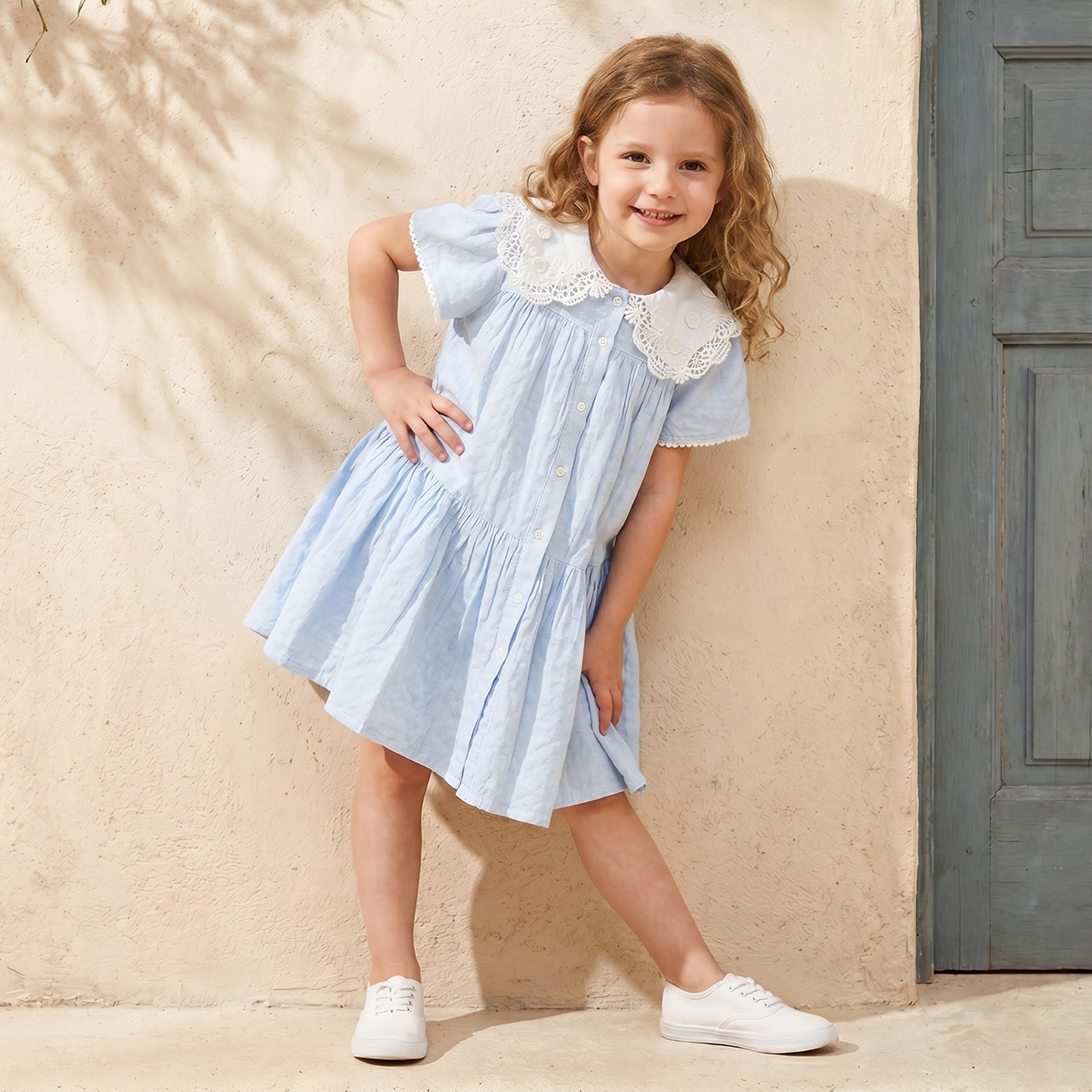 فستان بطول الركبة وبأكمام قصيرة وحافة دانتيل وياقة بيتر بان من إليجو-girls-clothing-dressesandjumpsuits-image-1