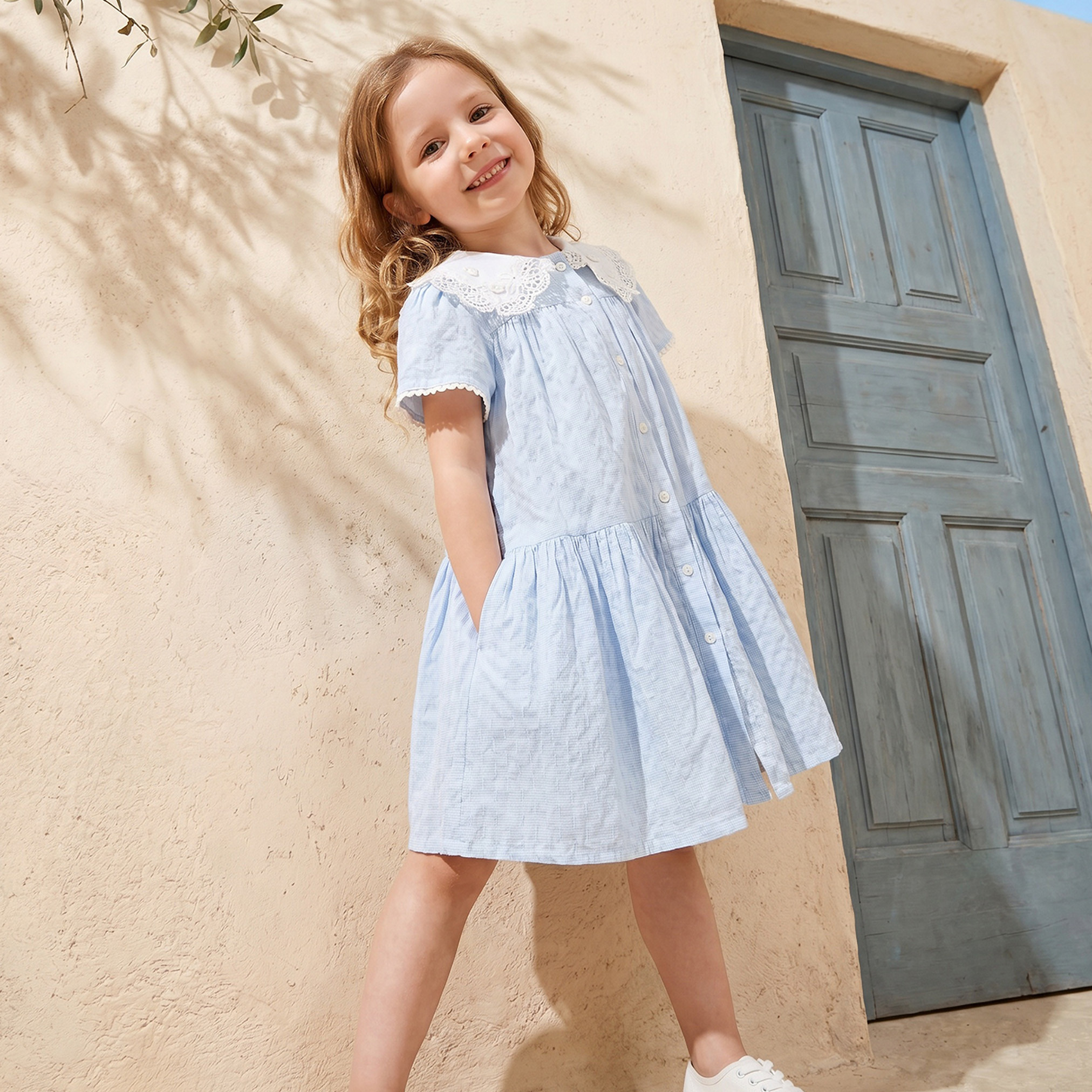 فستان بطول الركبة وبأكمام قصيرة وحافة دانتيل وياقة بيتر بان من إليجو-girls-clothing-dressesandjumpsuits-image-4